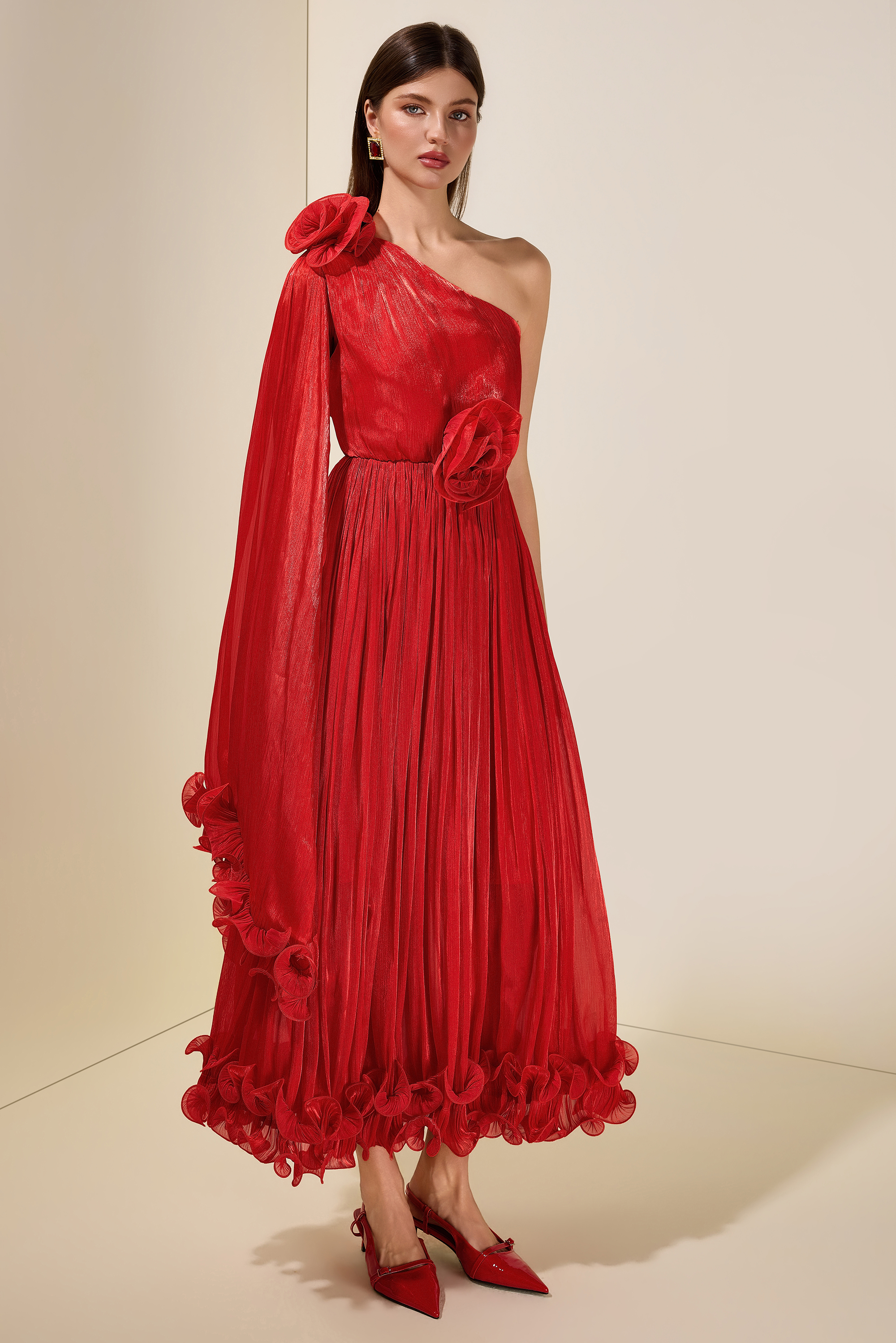 Satin One-Shoulder 3D Flower Midi Dress