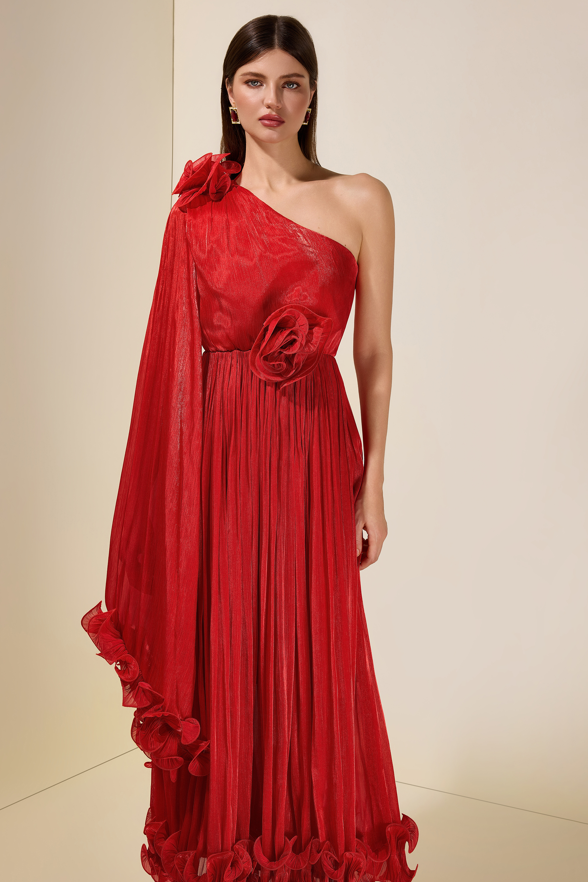 Satin One-Shoulder 3D Flower Midi Dress