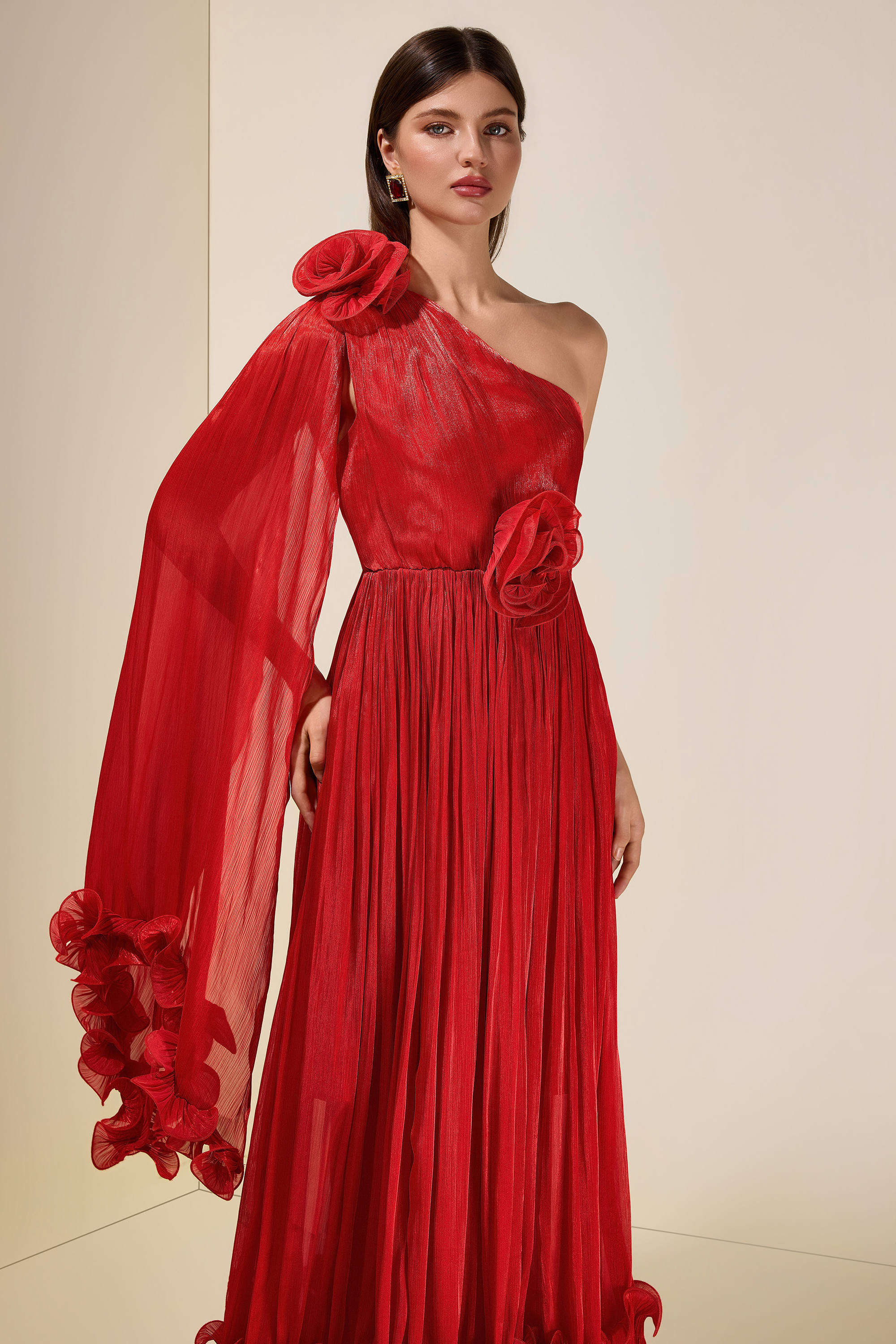 Satin One-Shoulder 3D Flower Midi Dress