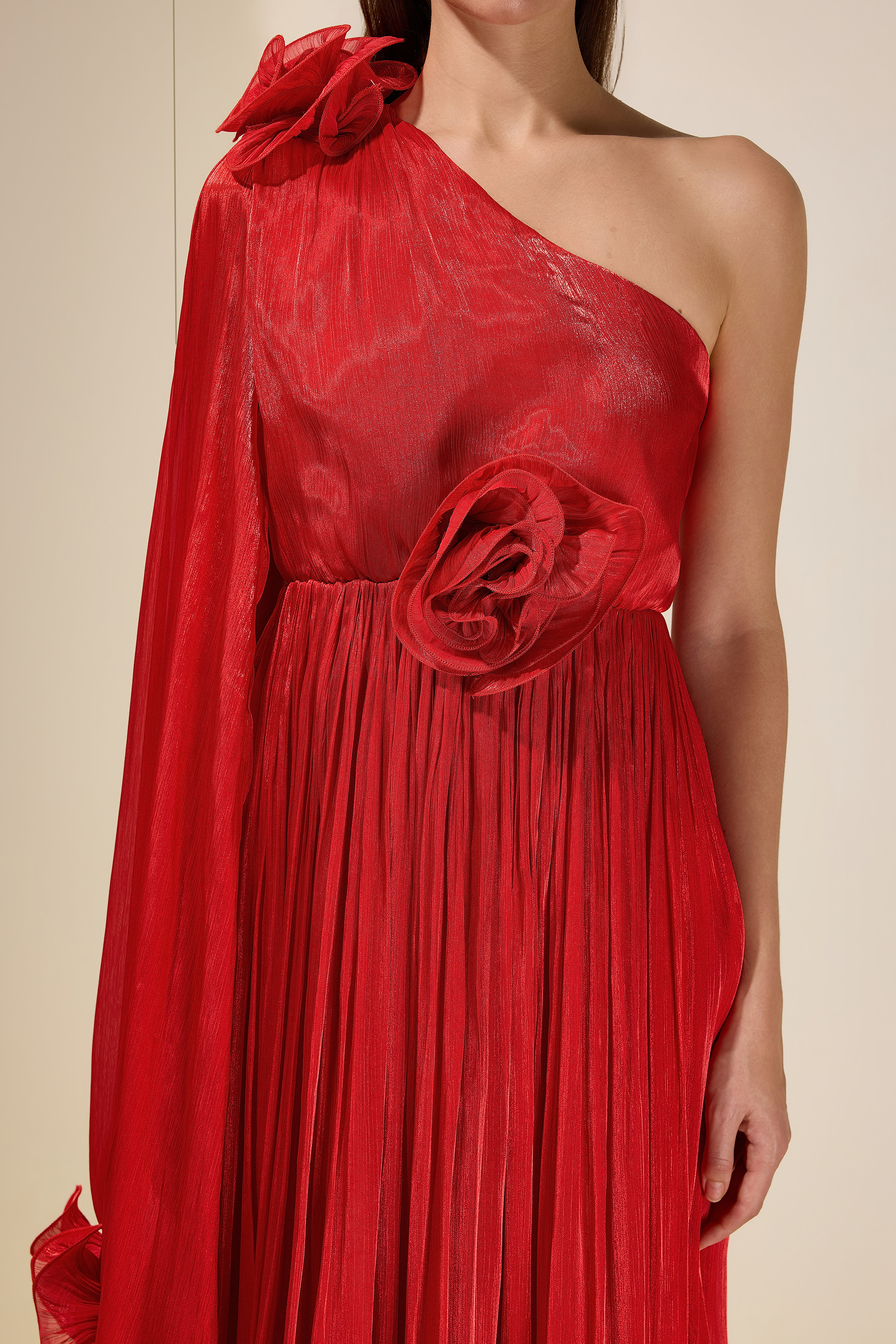 Satin One-Shoulder 3D Flower Midi Dress