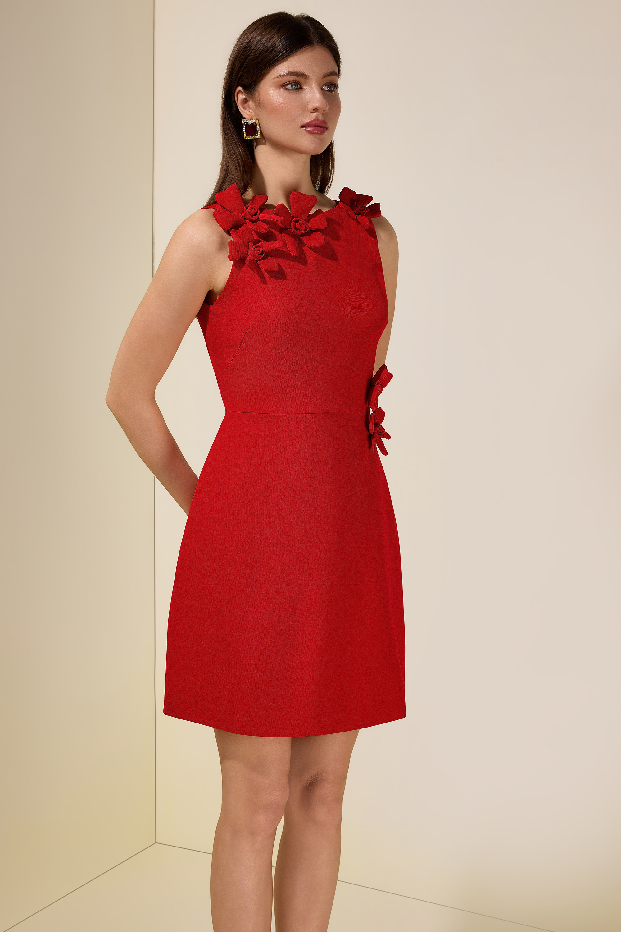 Solid 3D Flower Cut-Out Mini Dress