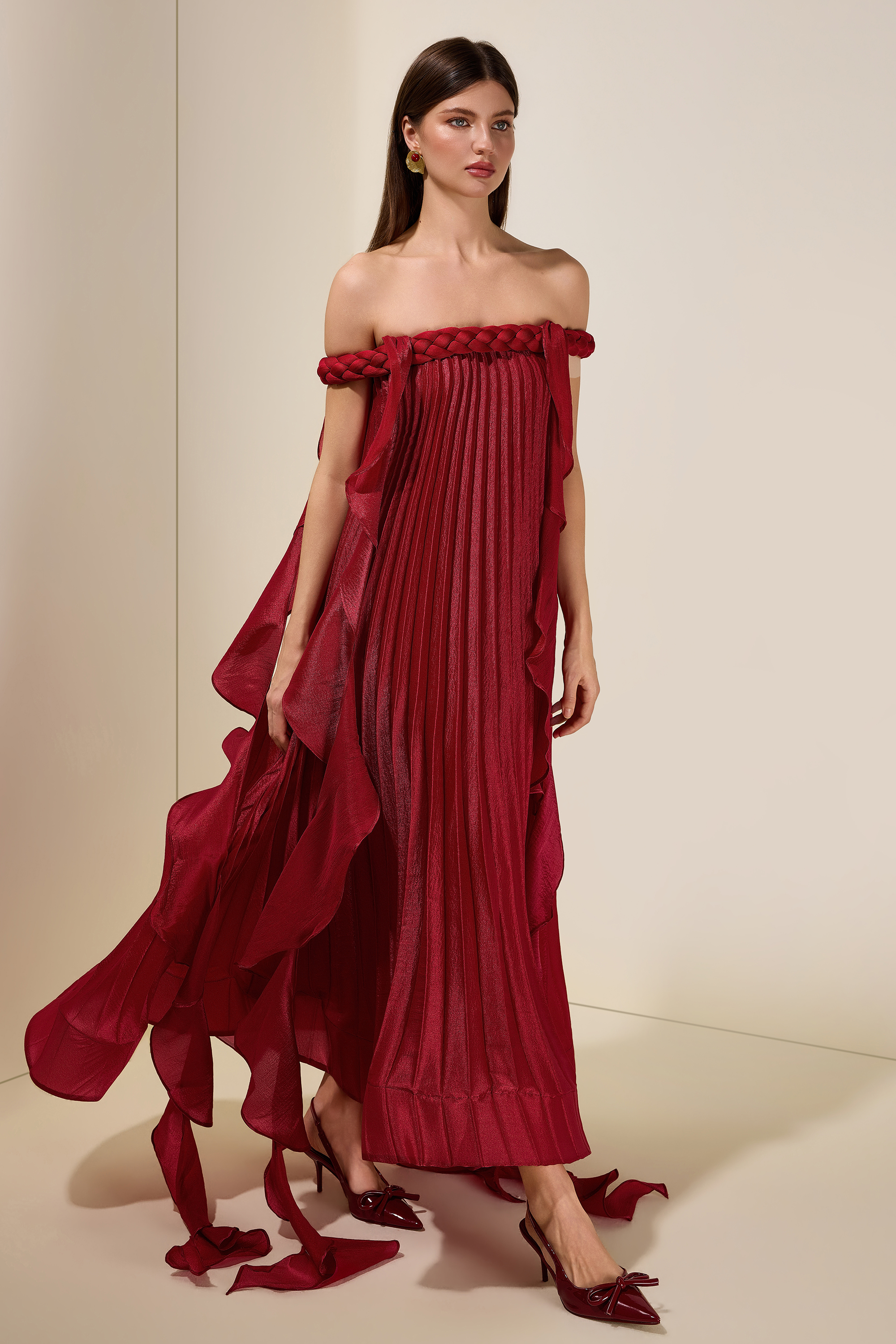Solid Decorative Rope Ruffle Maxi Dress
