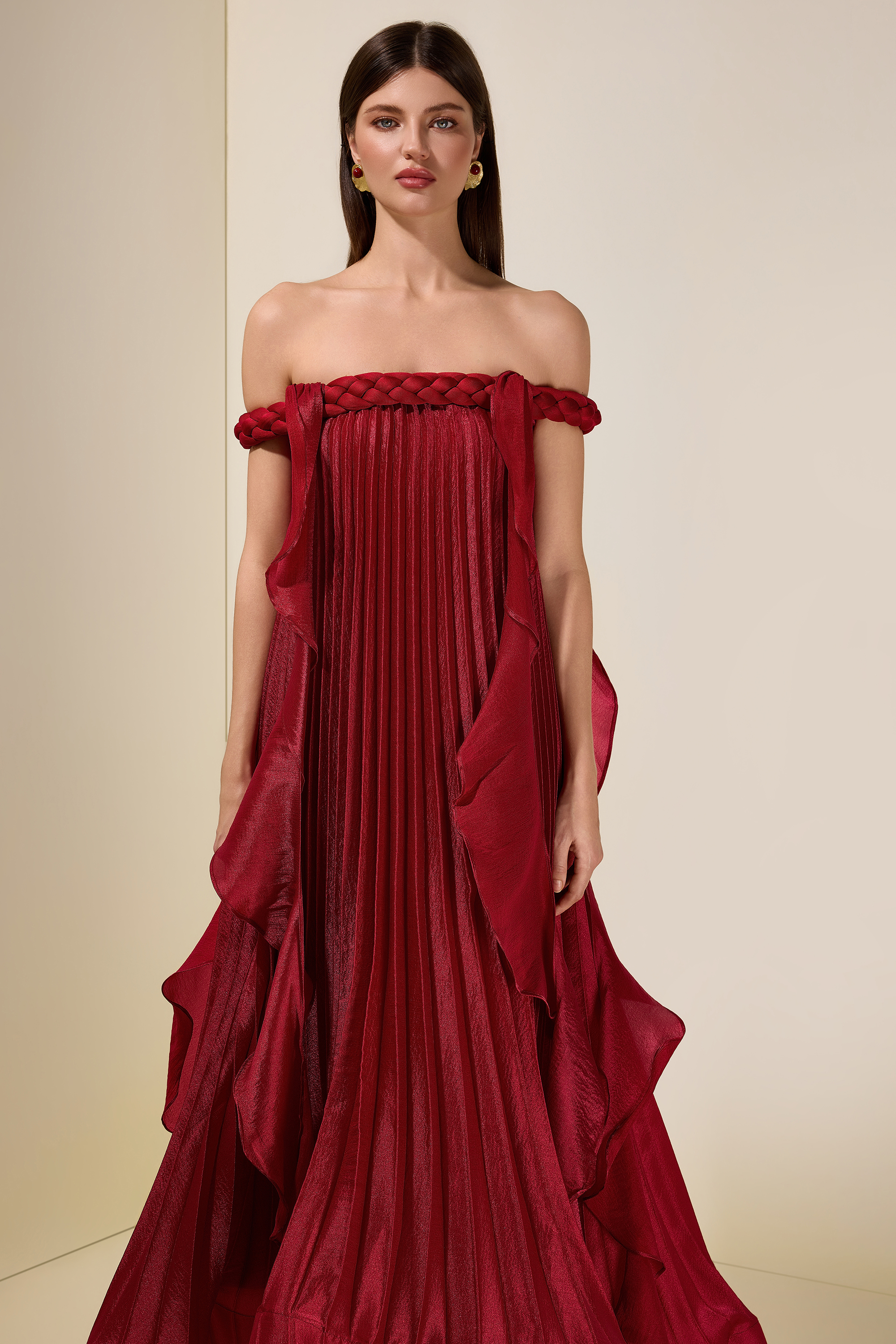 Solid Decorative Rope Ruffle Maxi Dress