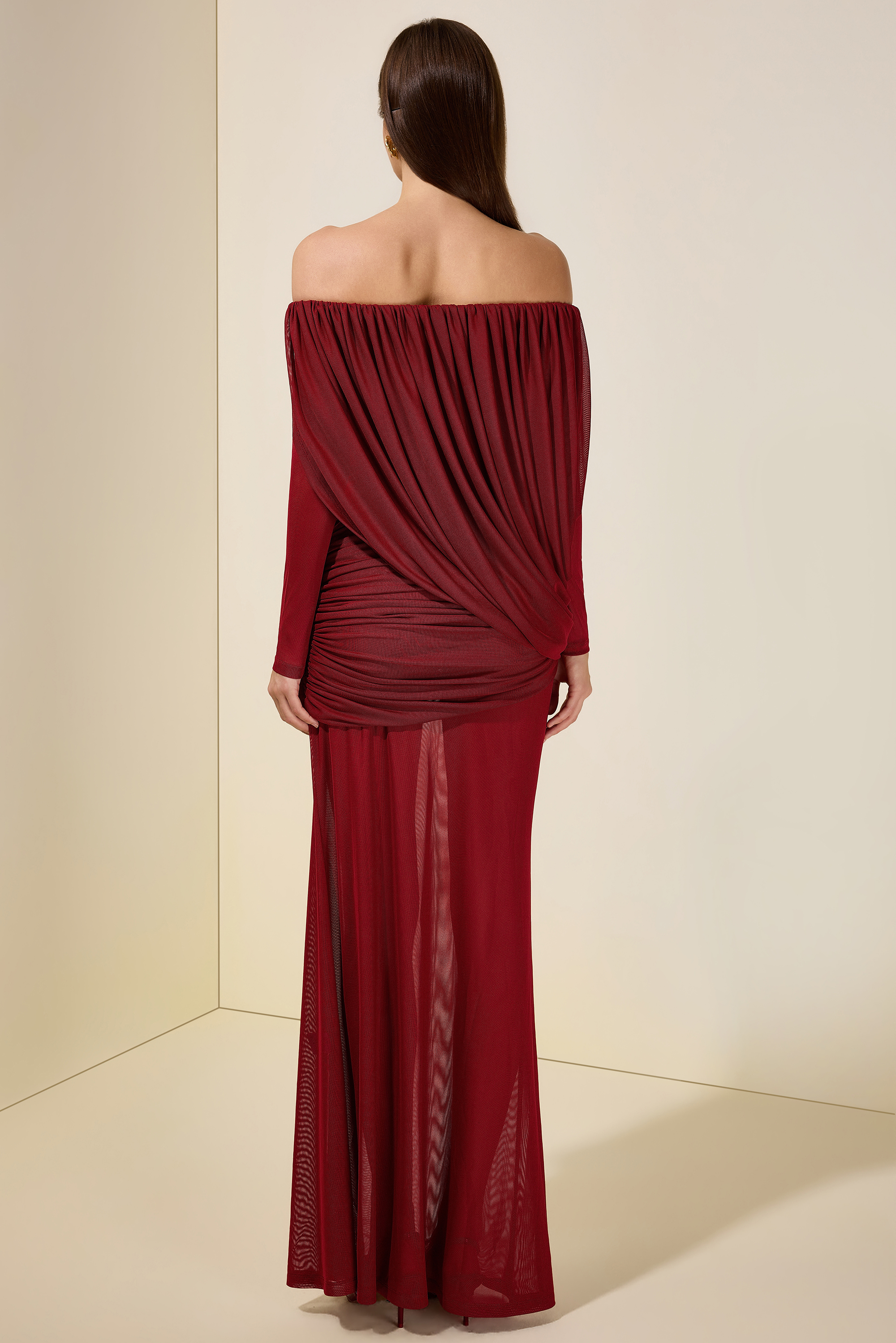 Mesh Asymmetrical Gathering Long Sleeve Maxi Dress