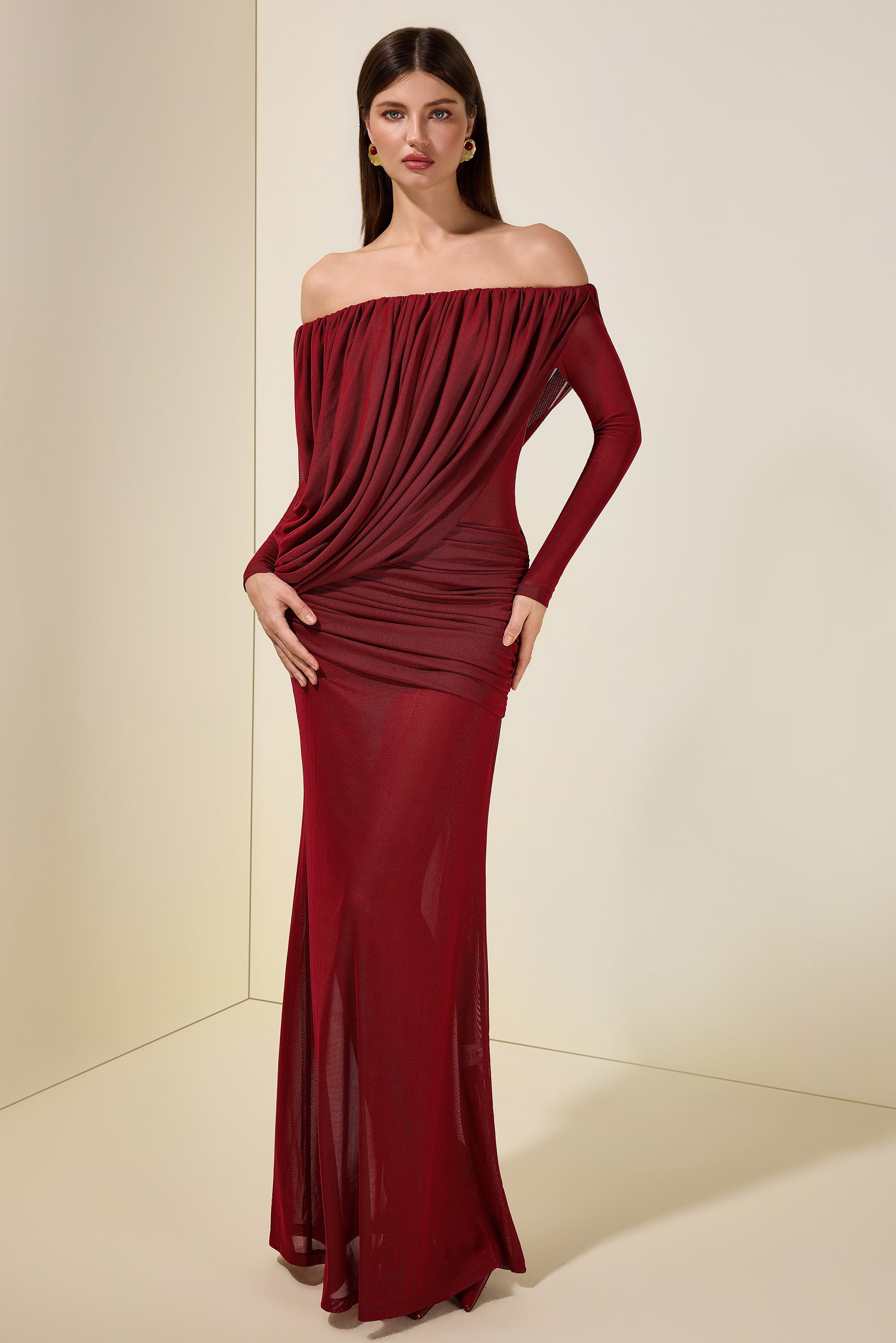 Mesh Asymmetrical Gathering Long Sleeve Maxi Dress