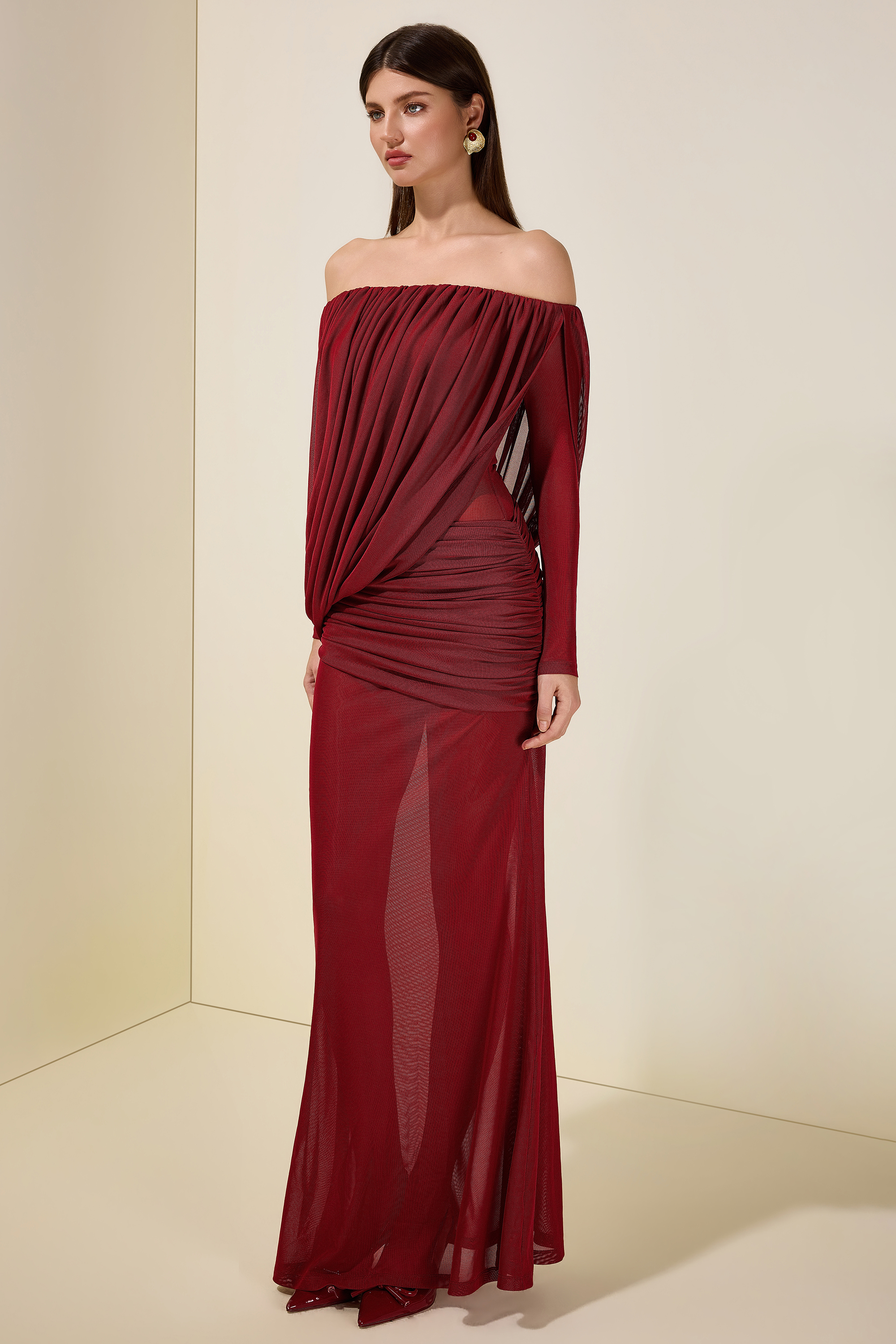 Mesh Asymmetrical Gathering Long Sleeve Maxi Dress