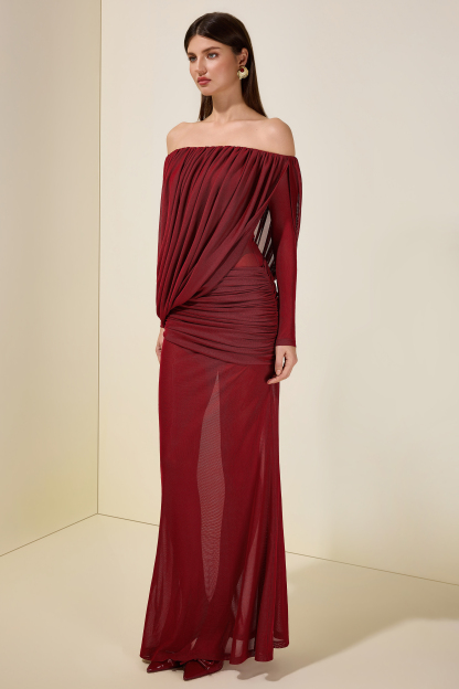 Mesh Asymmetrical Gathering Long Sleeve Maxi Dress