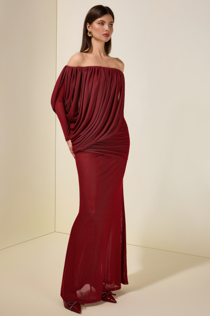 Mesh Asymmetrical Gathering Long Sleeve Maxi Dress