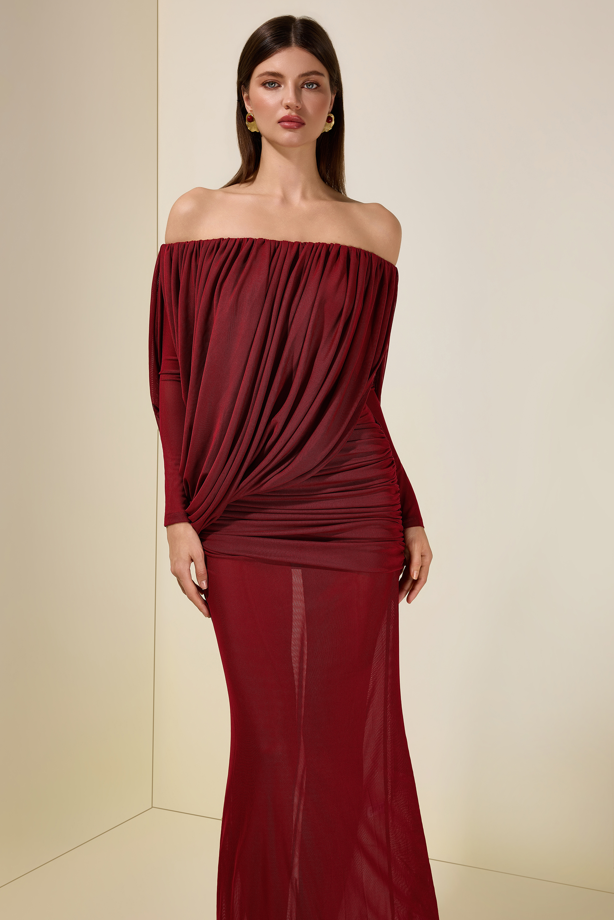 Mesh Asymmetrical Gathering Long Sleeve Maxi Dress