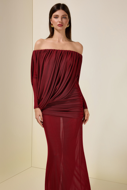 Mesh Asymmetrical Gathering Long Sleeve Maxi Dress