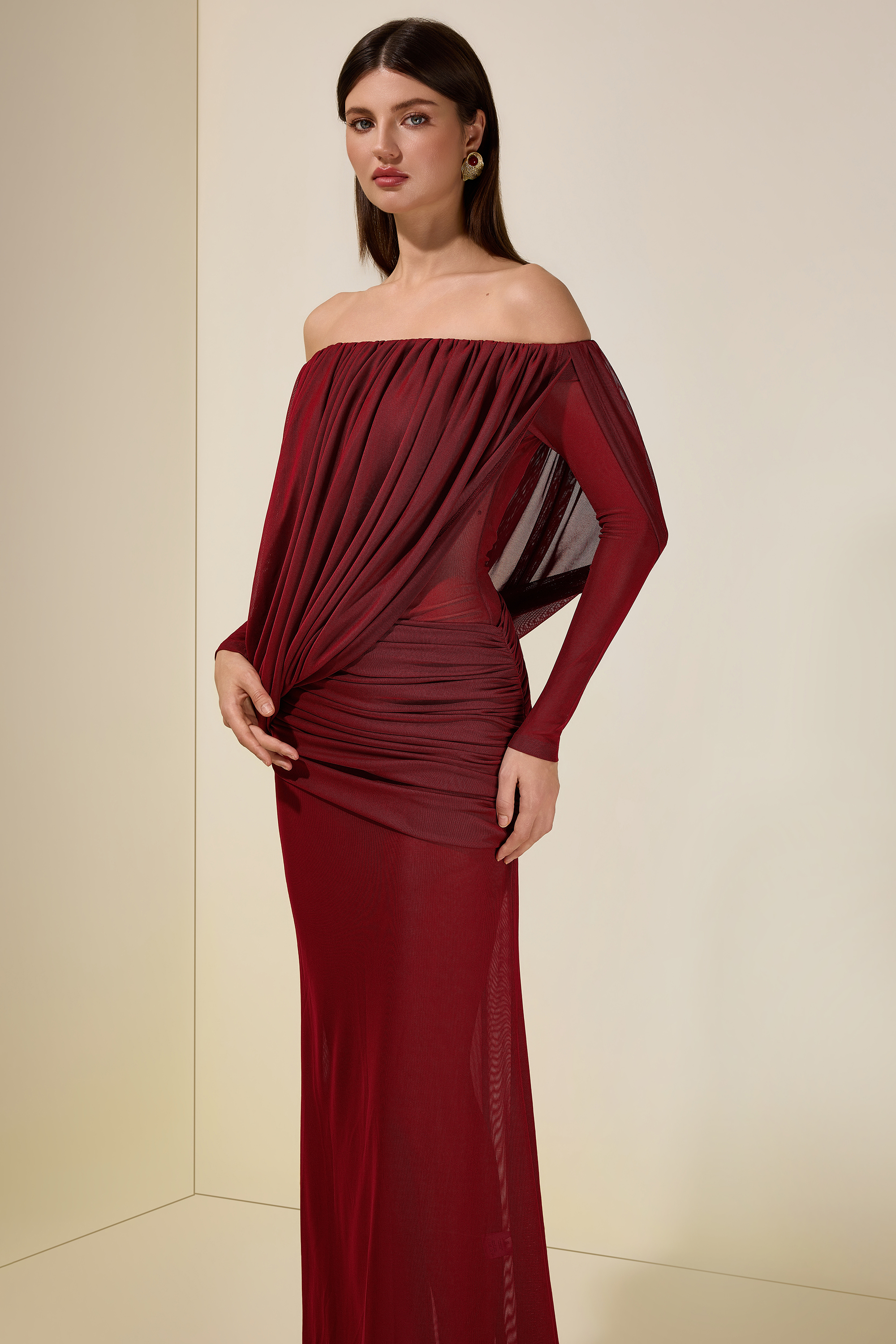 Mesh Asymmetrical Gathering Long Sleeve Maxi Dress