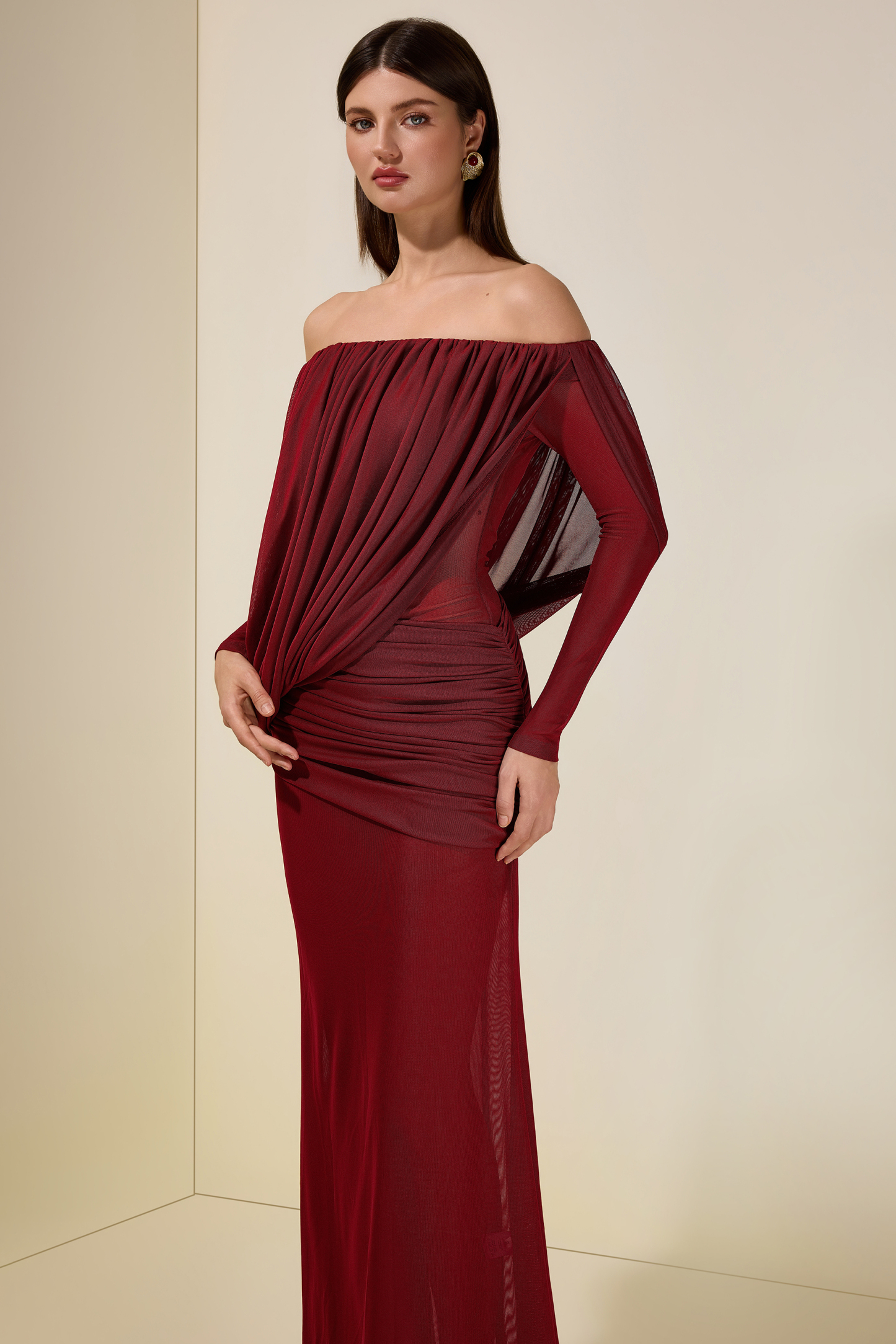Mesh Asymmetrical Gathering Long Sleeve Maxi Dress