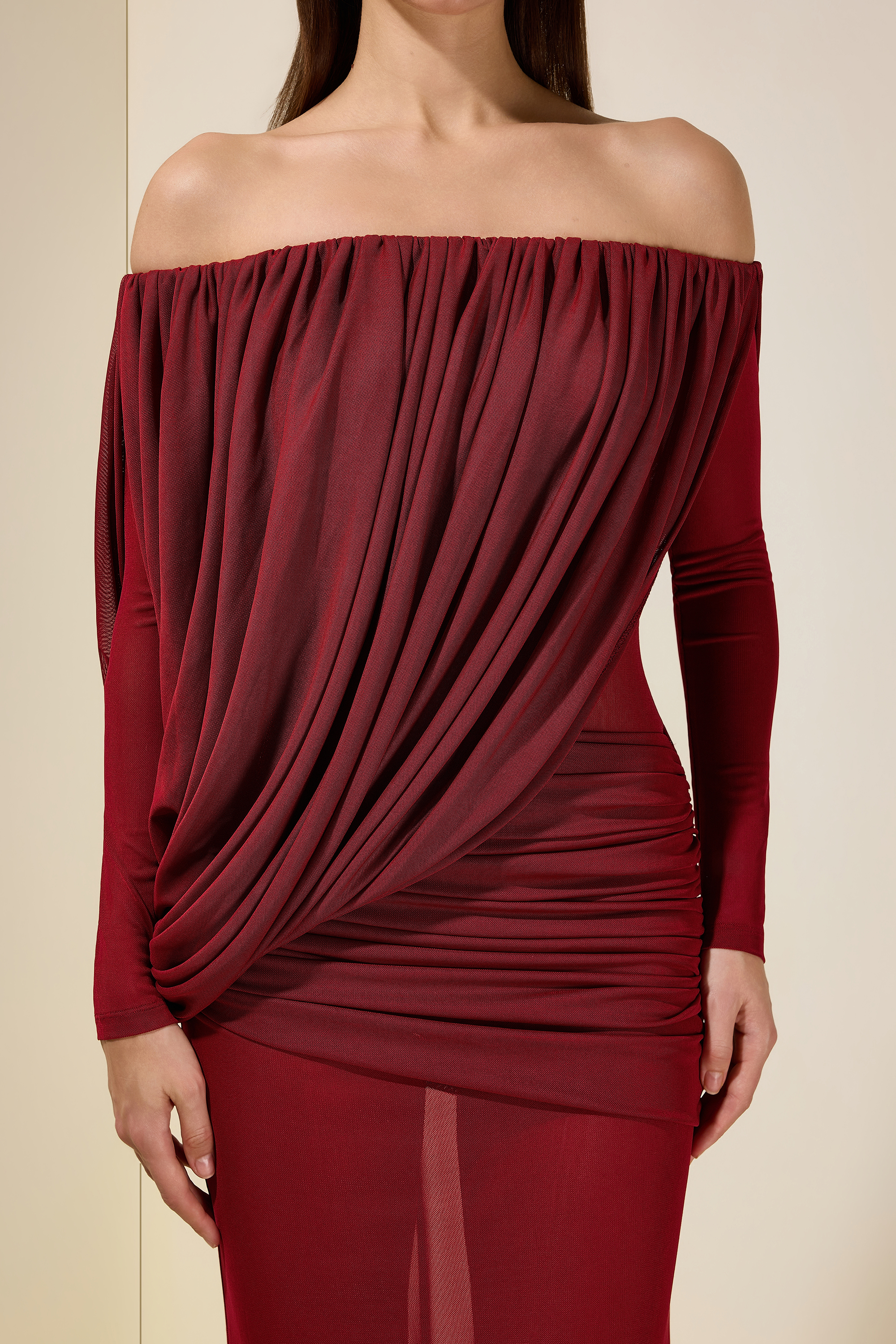 Mesh Asymmetrical Gathering Long Sleeve Maxi Dress