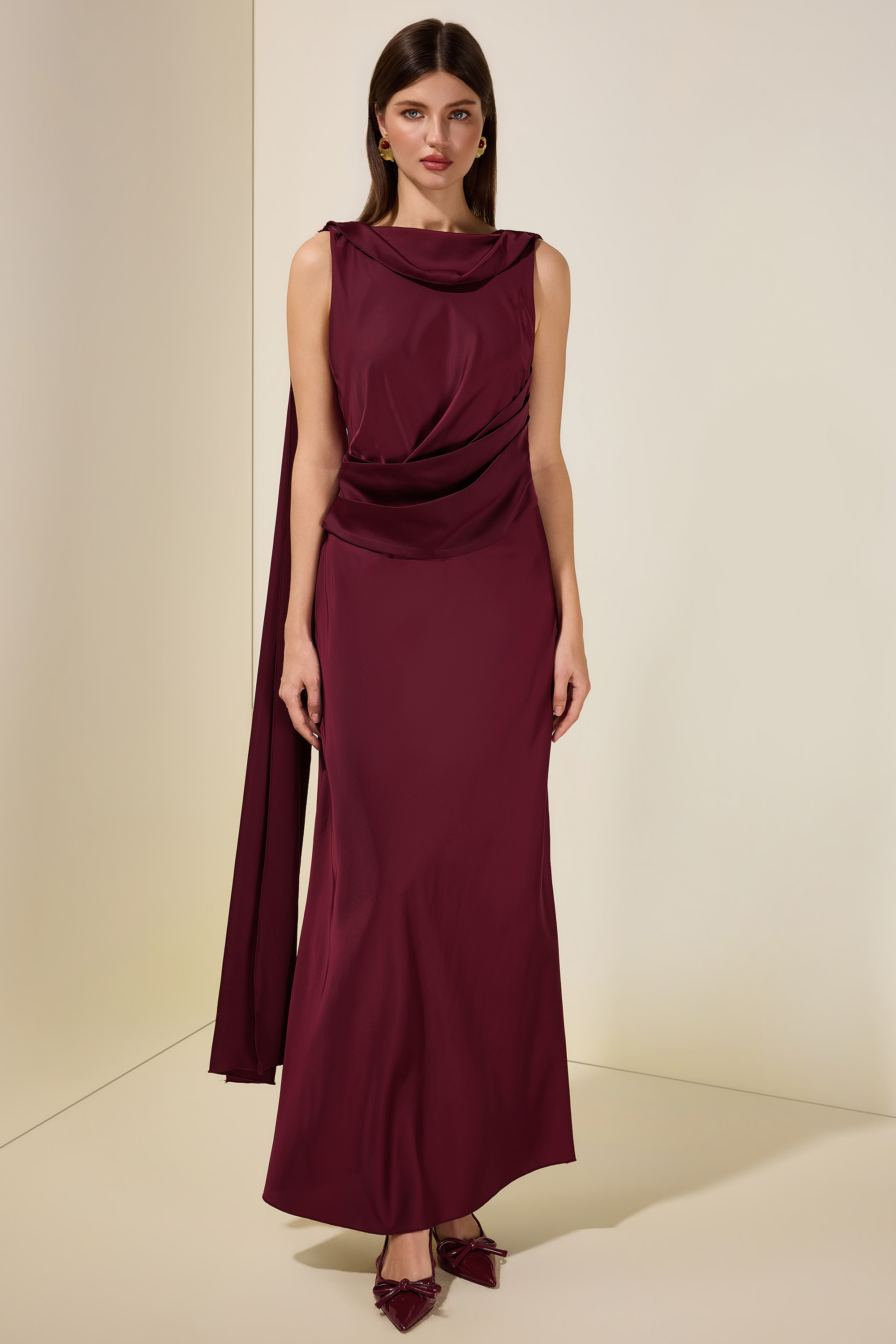 Satin Cape Sleeve Backless Maxi Dress