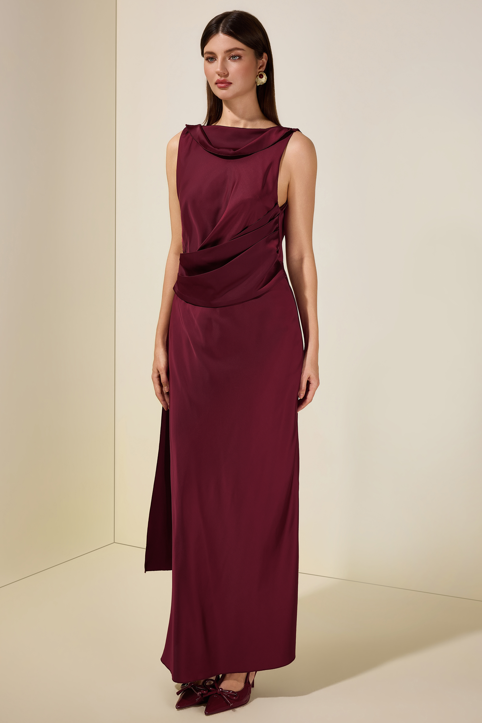 Satin Cape Sleeve Backless Maxi Dress