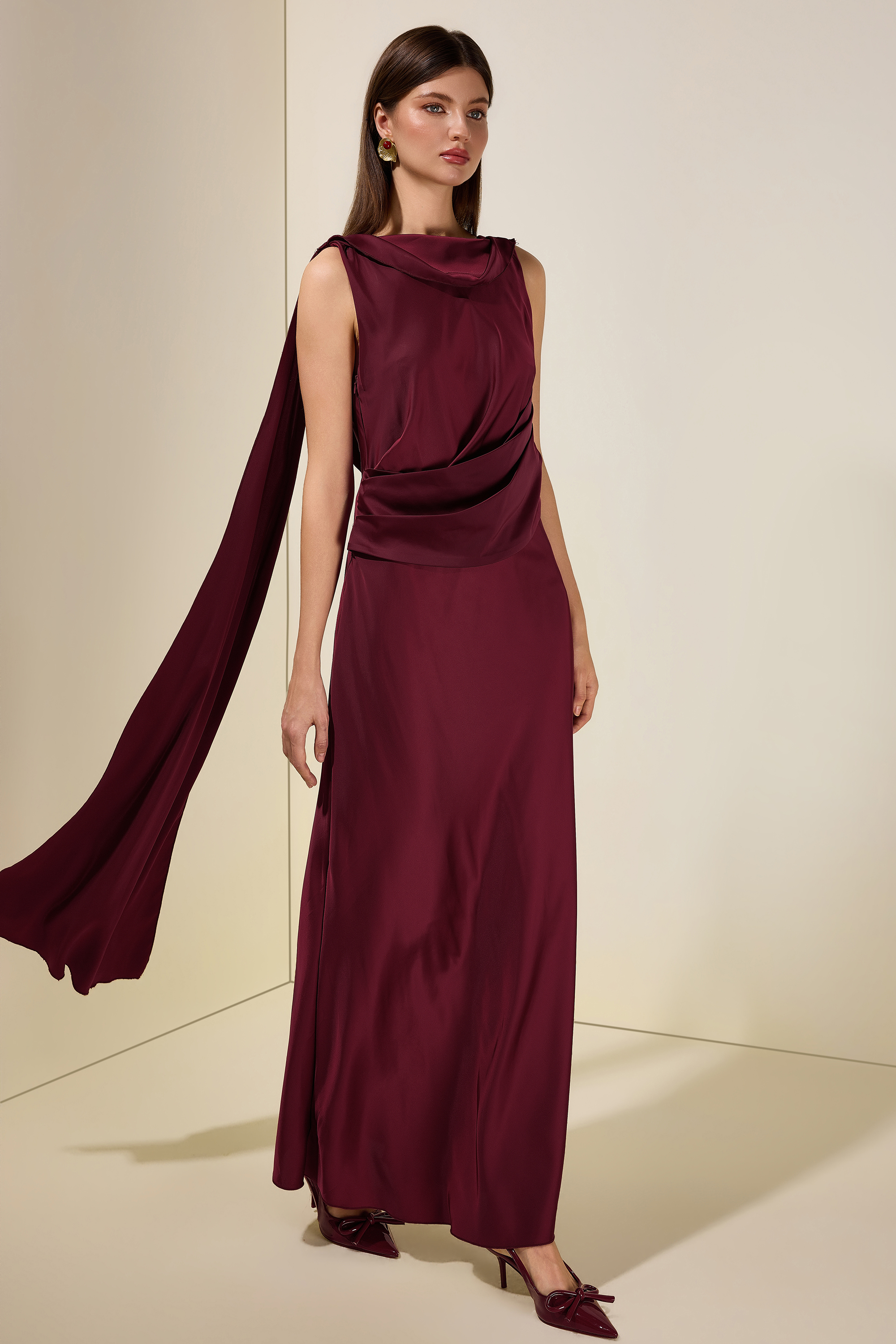 Satin Cape Sleeve Backless Maxi Dress