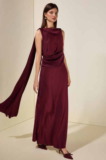 Satin Cape Sleeve Backless Maxi Dress