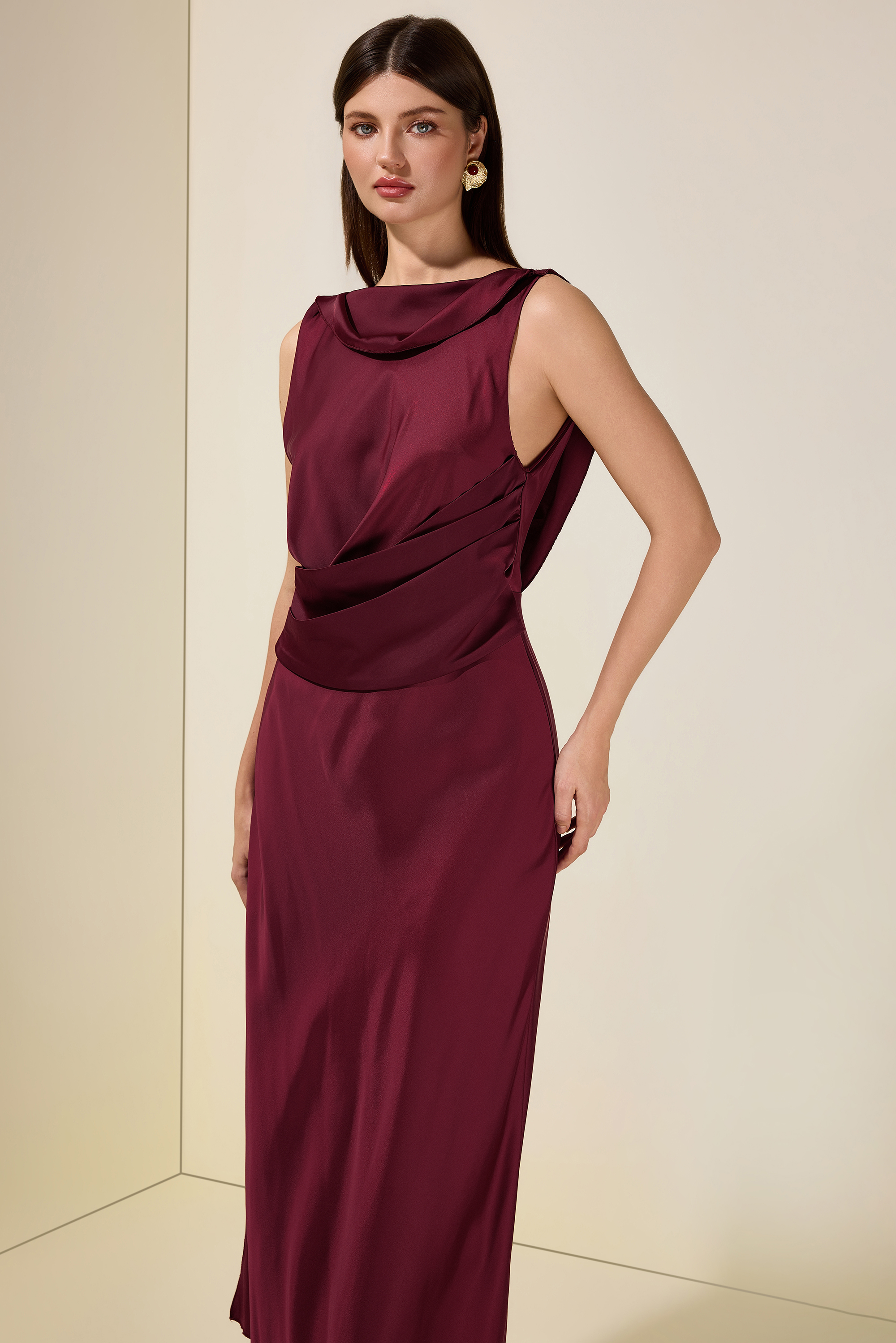 Satin Cape Sleeve Backless Maxi Dress