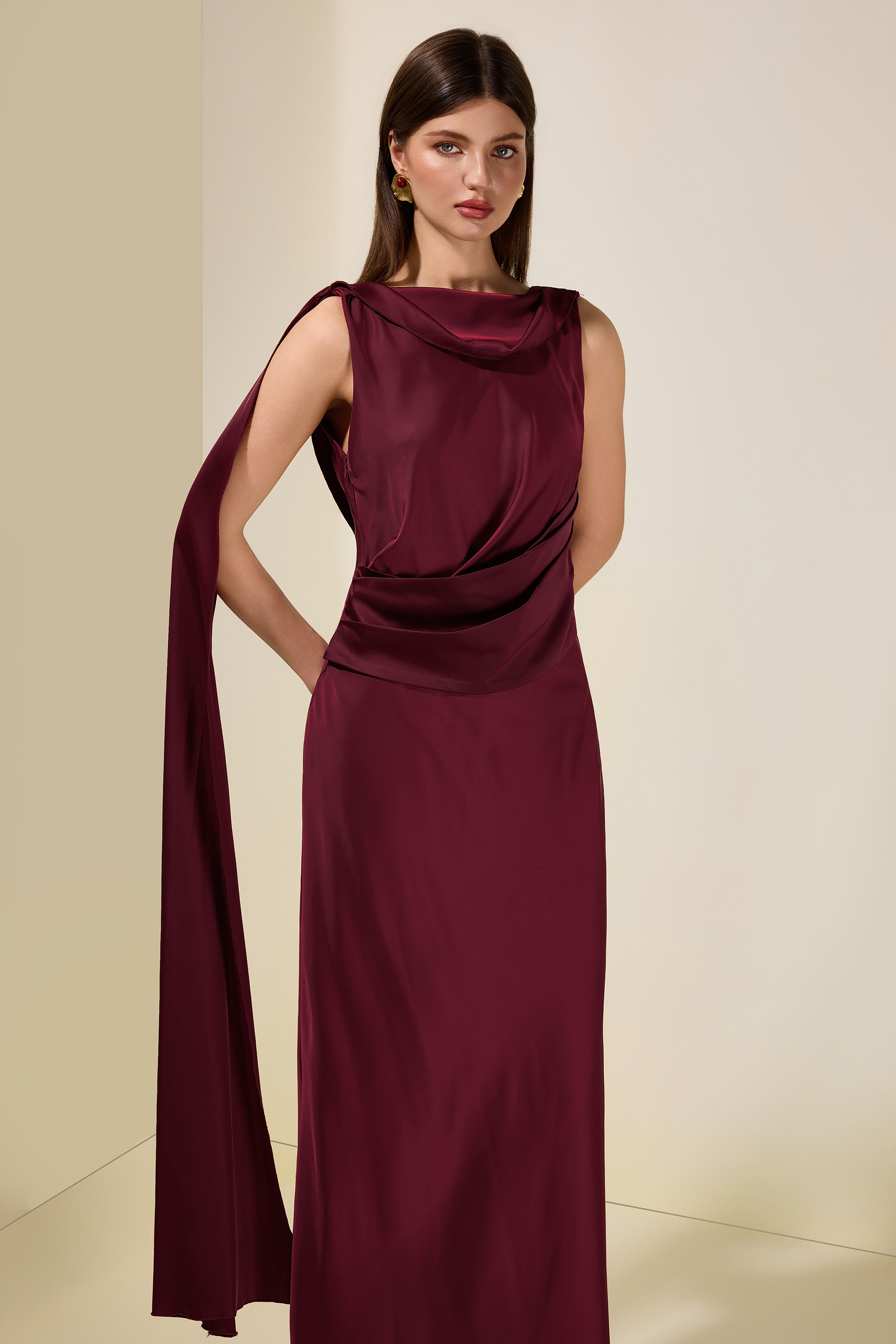 Satin Cape Sleeve Backless Maxi Dress