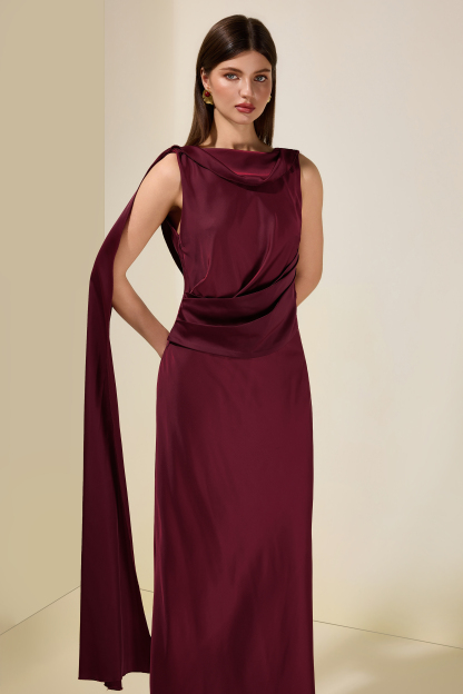 Satin Cape Sleeve Backless Maxi Dress