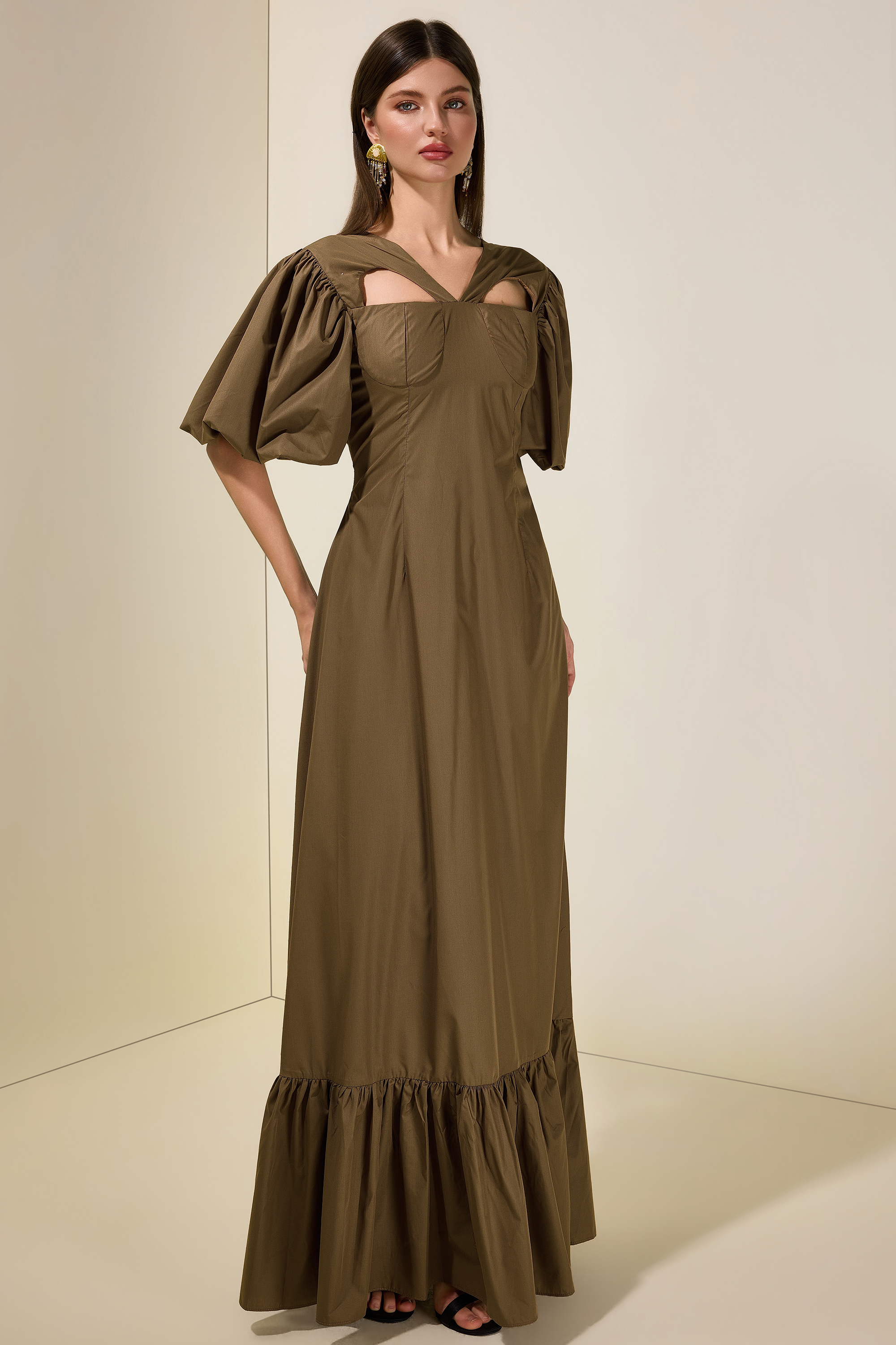 Solid Tie-Up Ruffle Maxi Dress