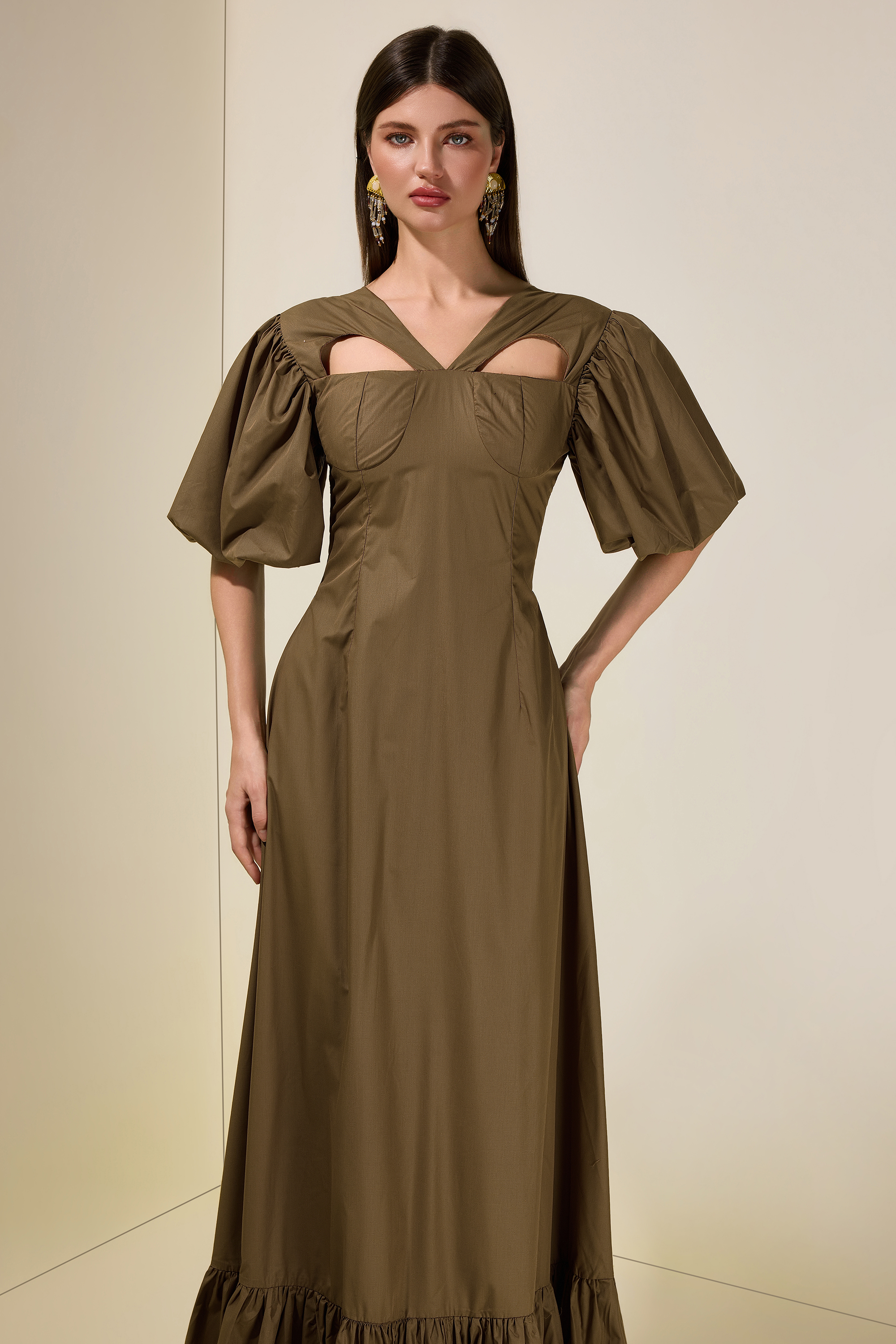 Solid Tie-Up Ruffle Maxi Dress