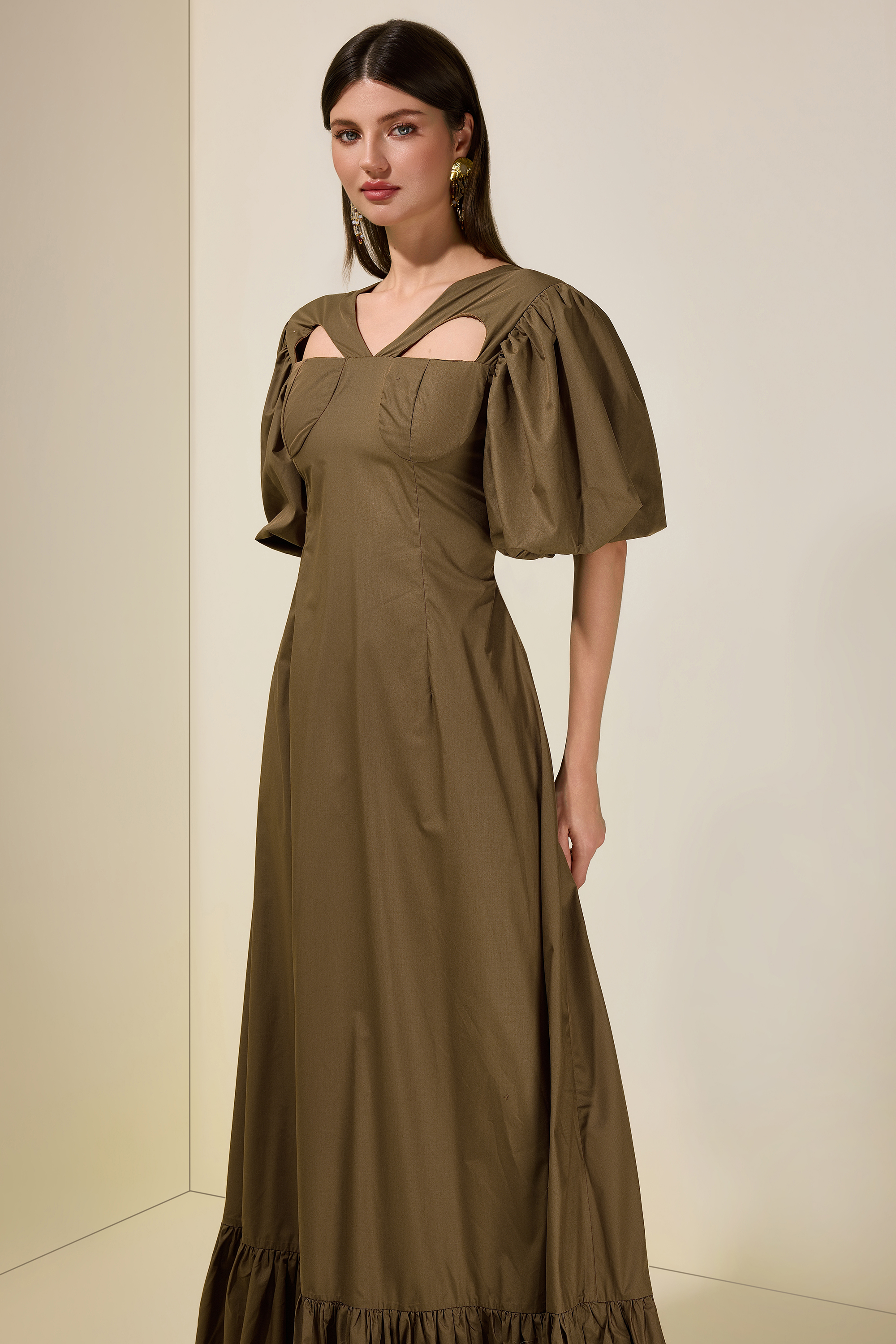 Solid Tie-Up Ruffle Maxi Dress