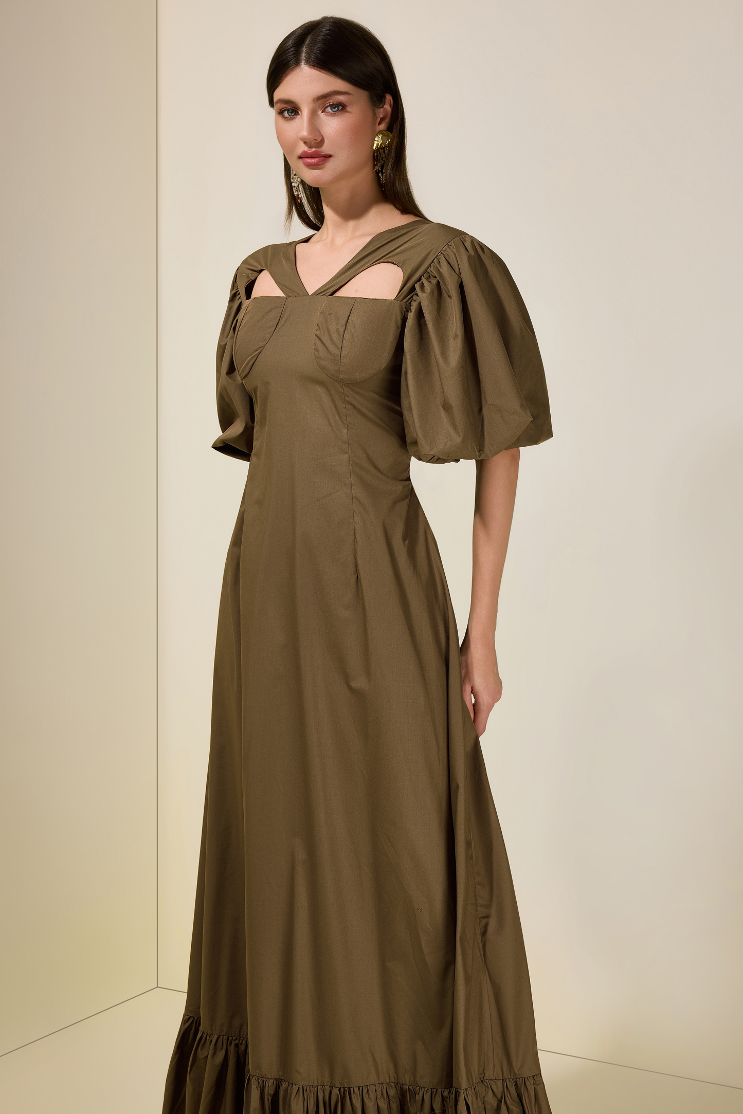 Solid Tie-Up Ruffle Maxi Dress