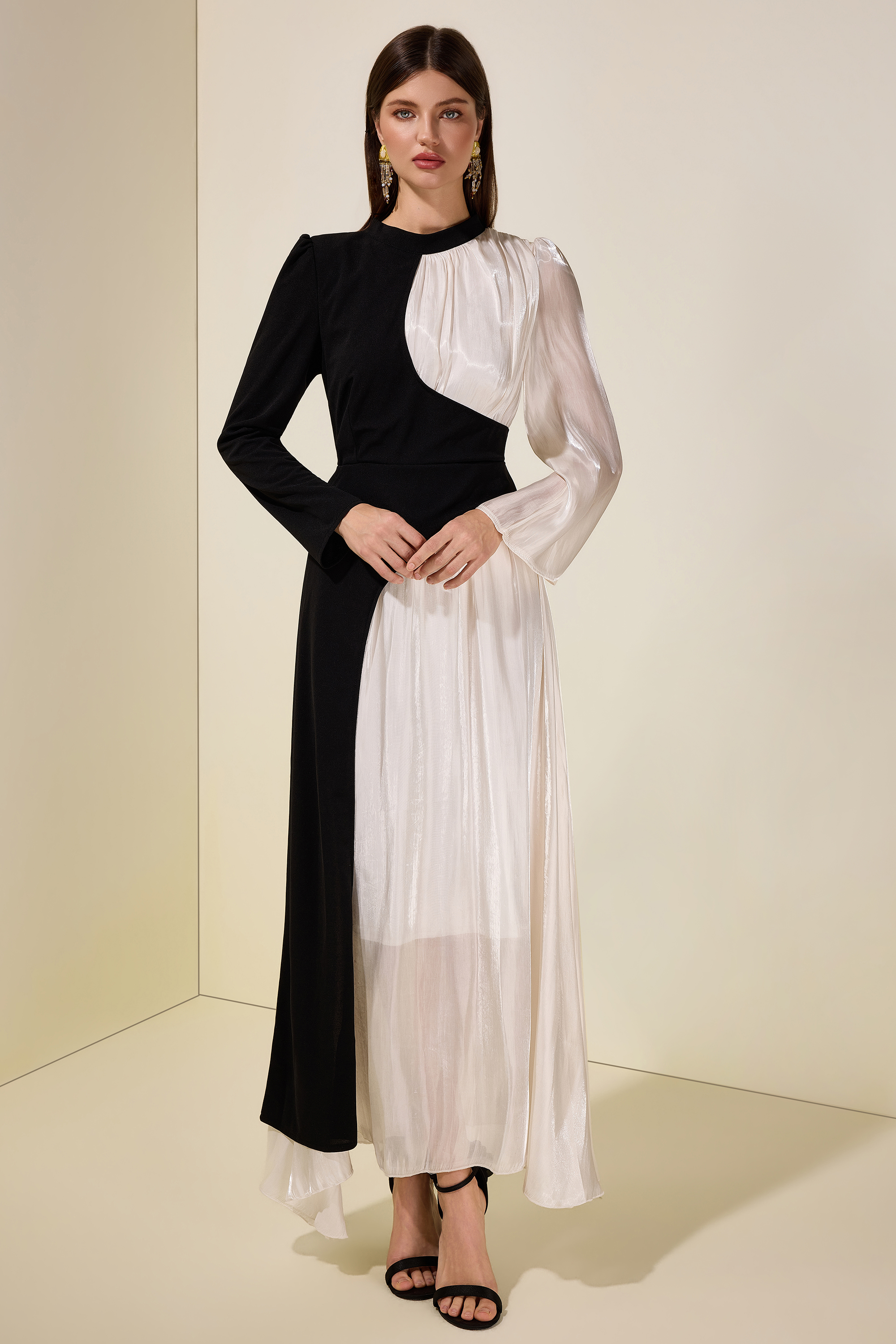Contrast Color Satin Splicing Jersey Maxi Dress