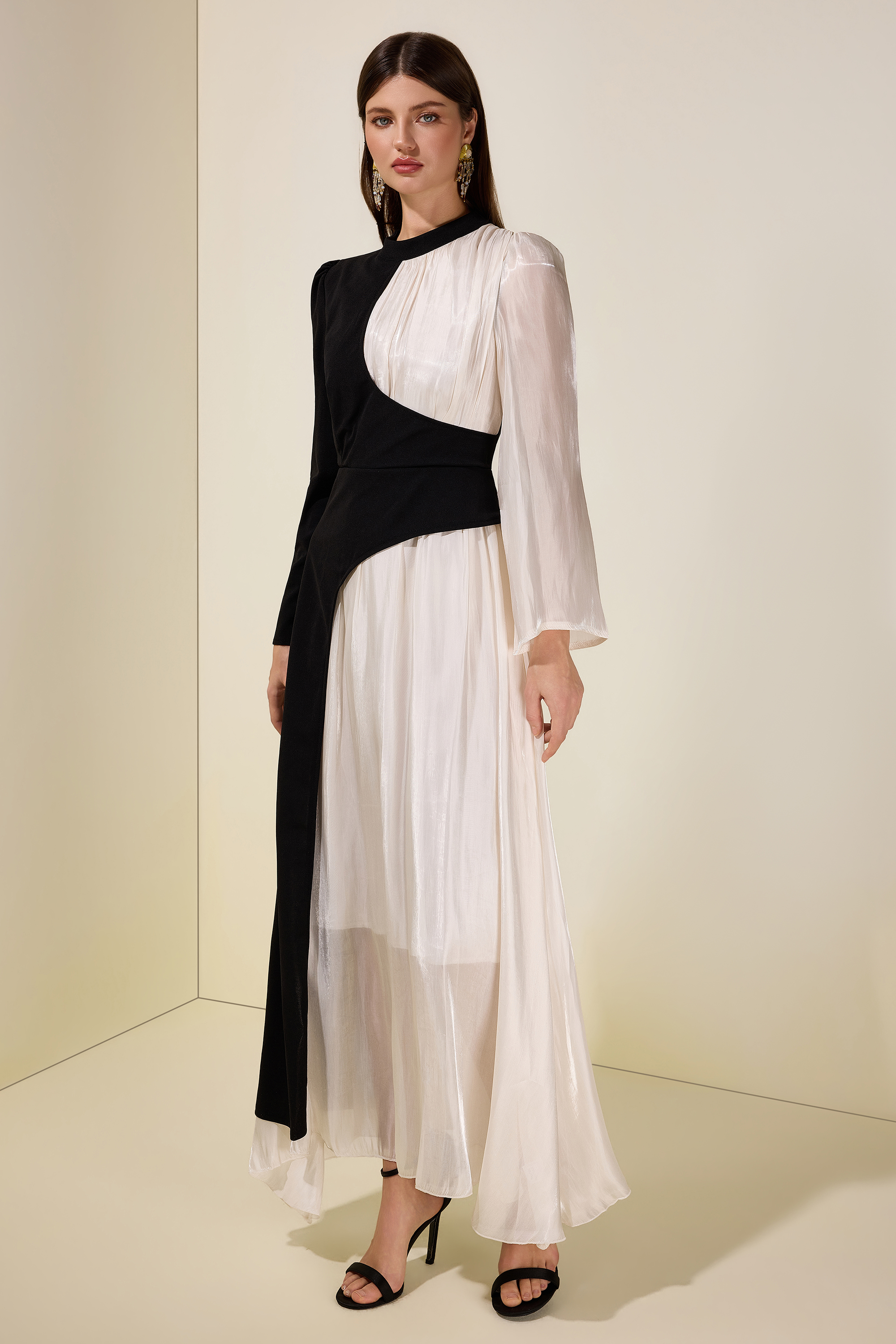 Contrast Color Satin Splicing Jersey Maxi Dress