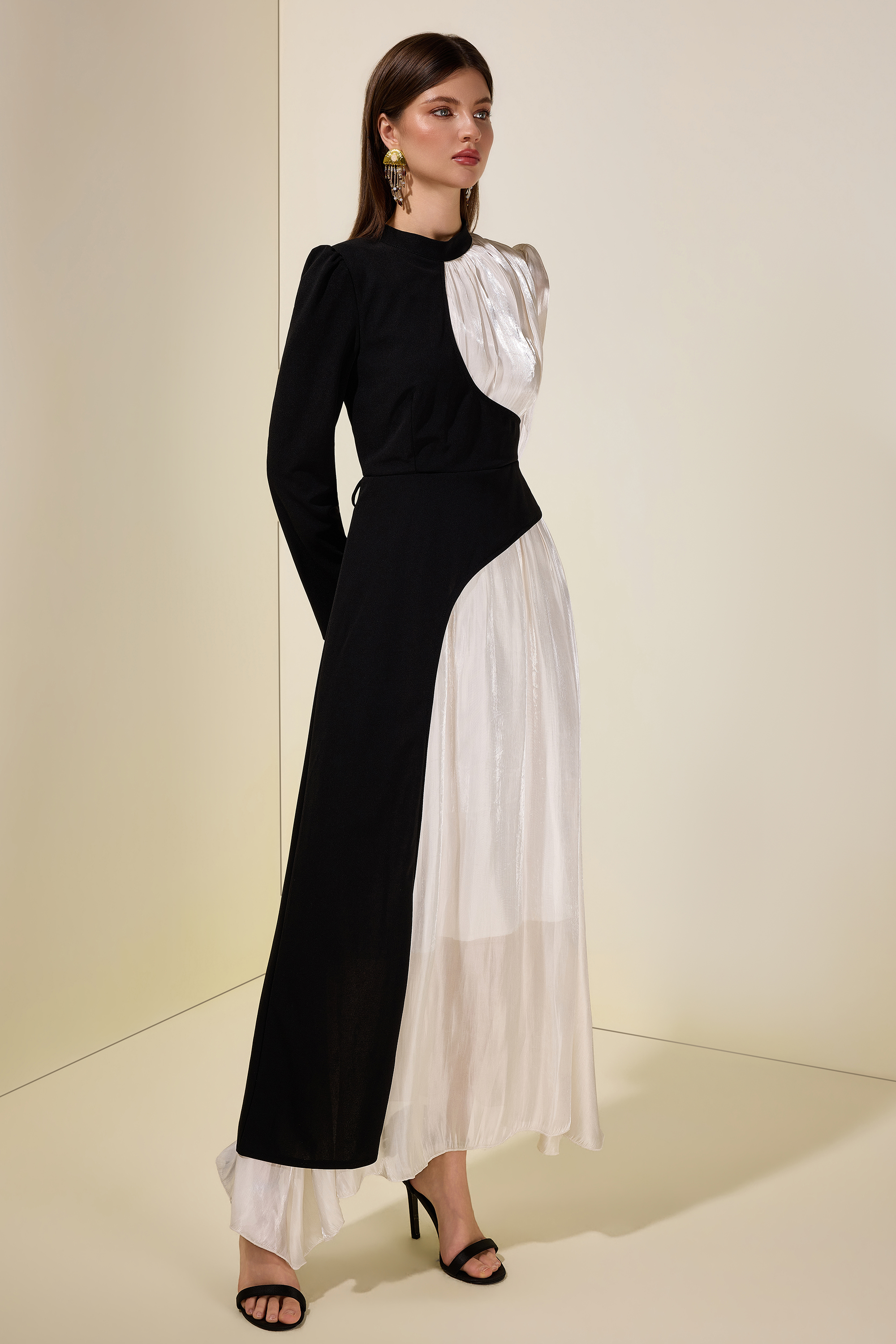 Contrast Color Satin Splicing Jersey Maxi Dress