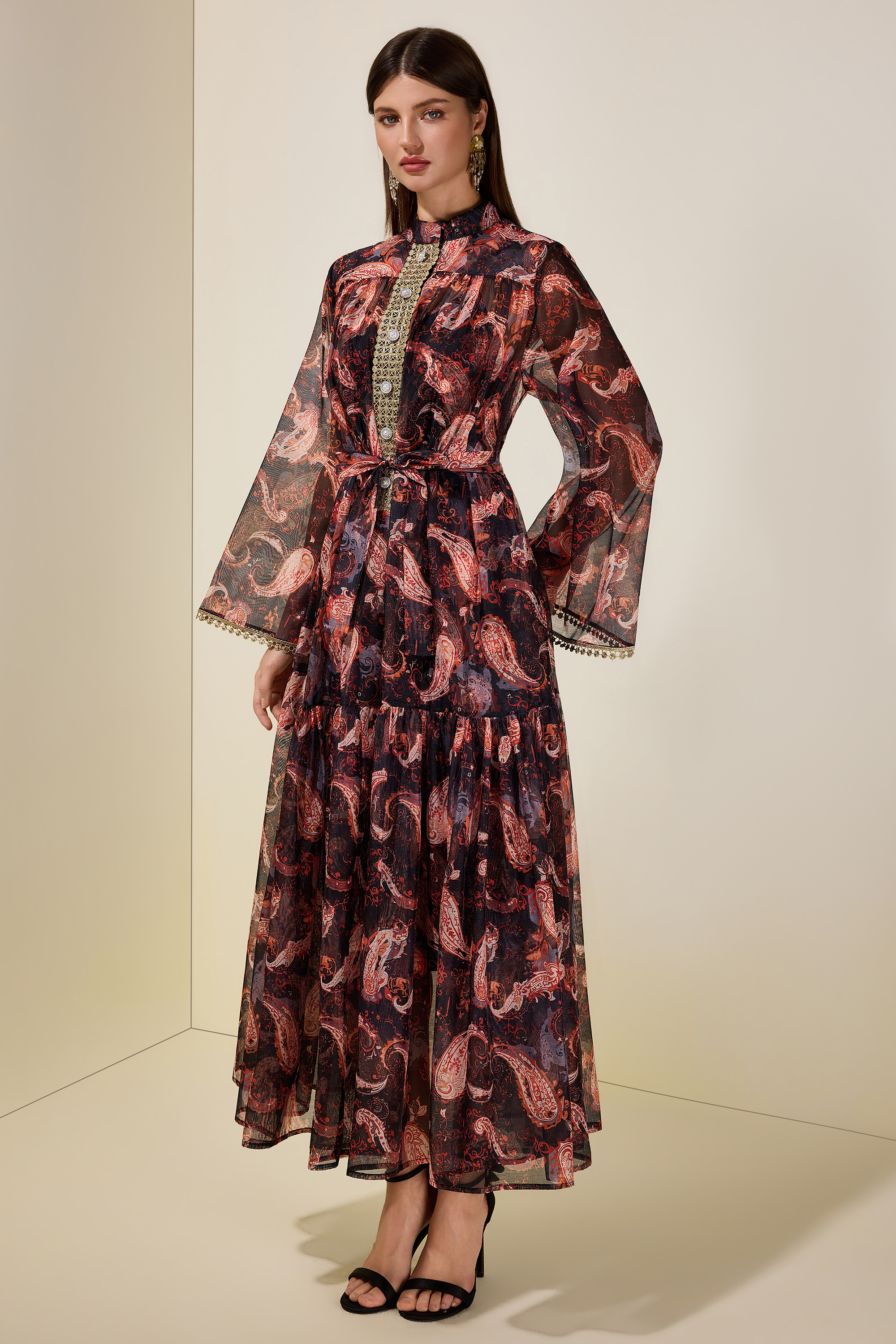 Paisley Print Stand Collar Lace Maxi Dress With Belt