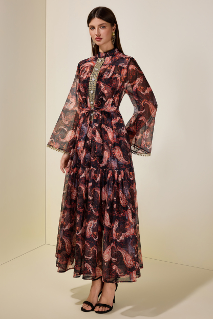 Paisley Print Stand Collar Lace Maxi Dress With Belt
