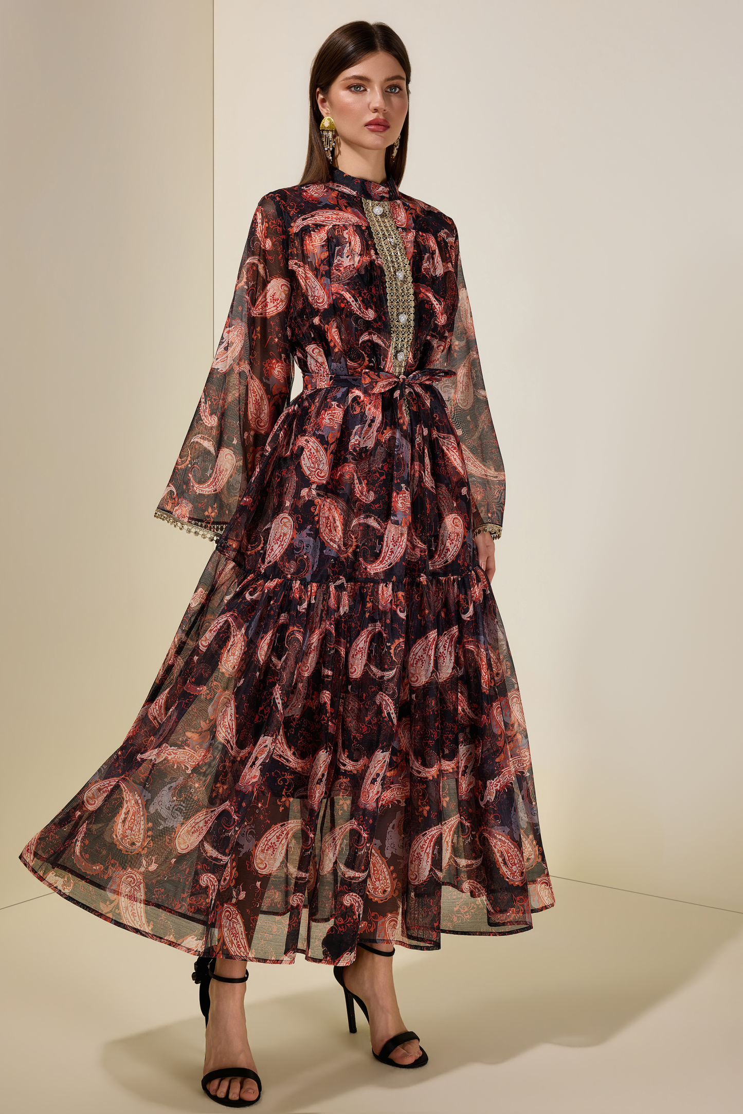 Paisley Print Stand Collar Lace Maxi Dress With Belt