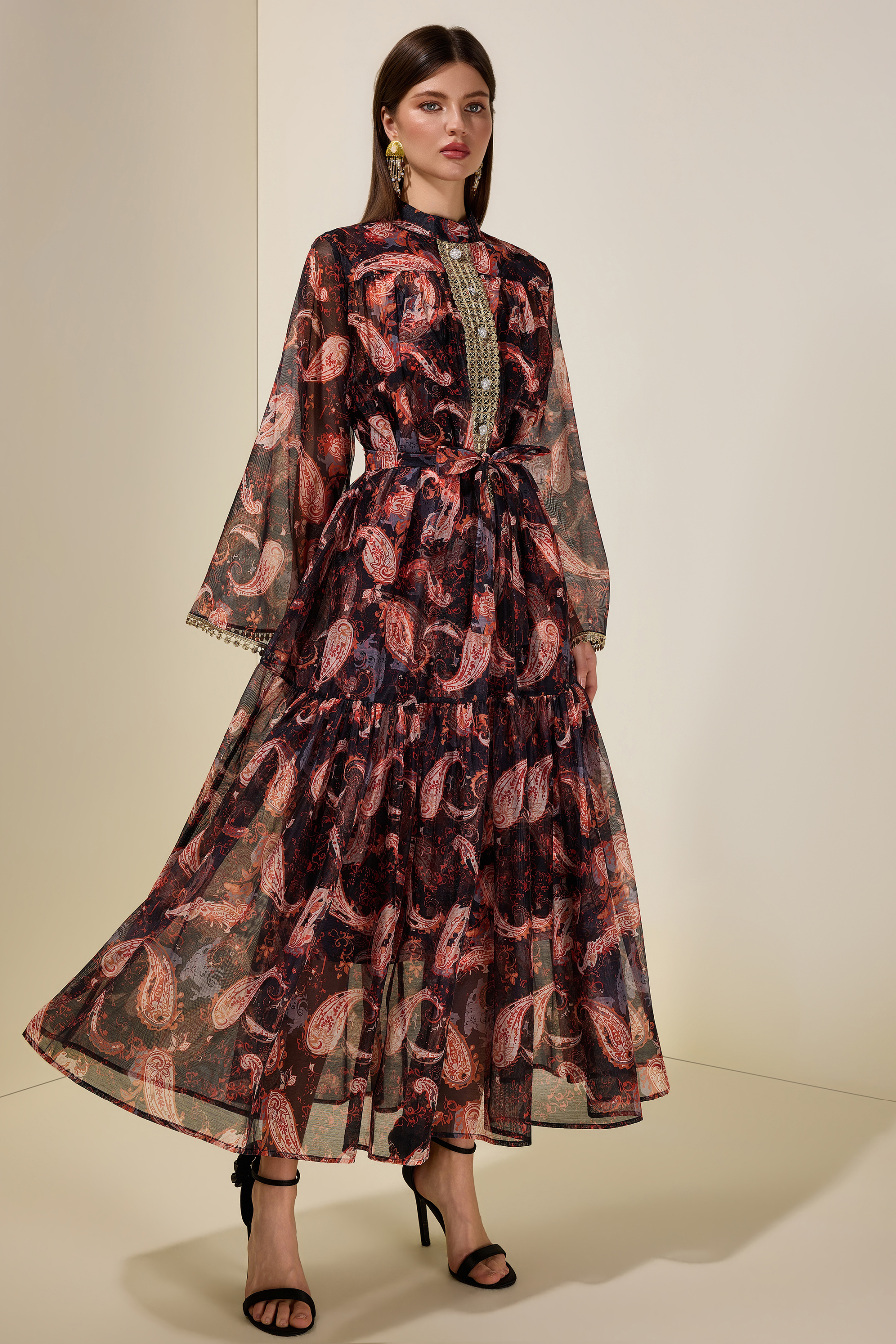 Paisley Print Stand Collar Lace Maxi Dress With Belt