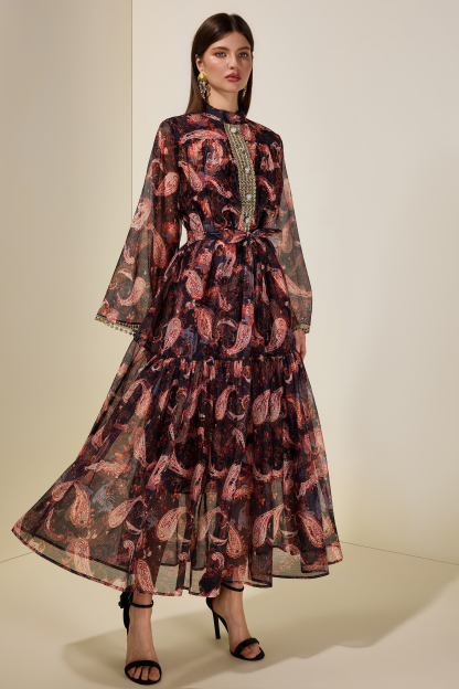 Paisley Print Stand Collar Lace Maxi Dress With Belt