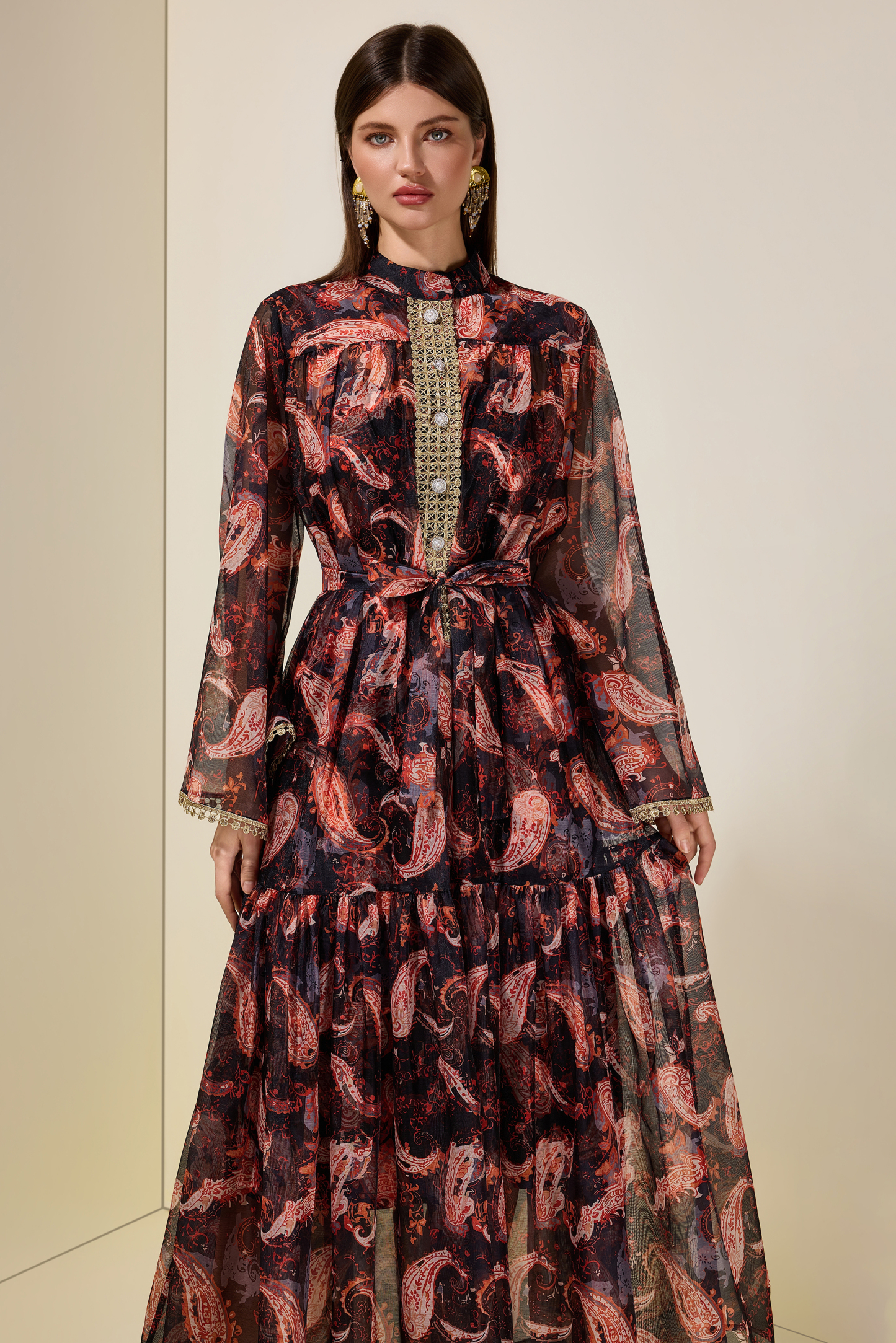 Paisley Print Stand Collar Lace Maxi Dress With Belt