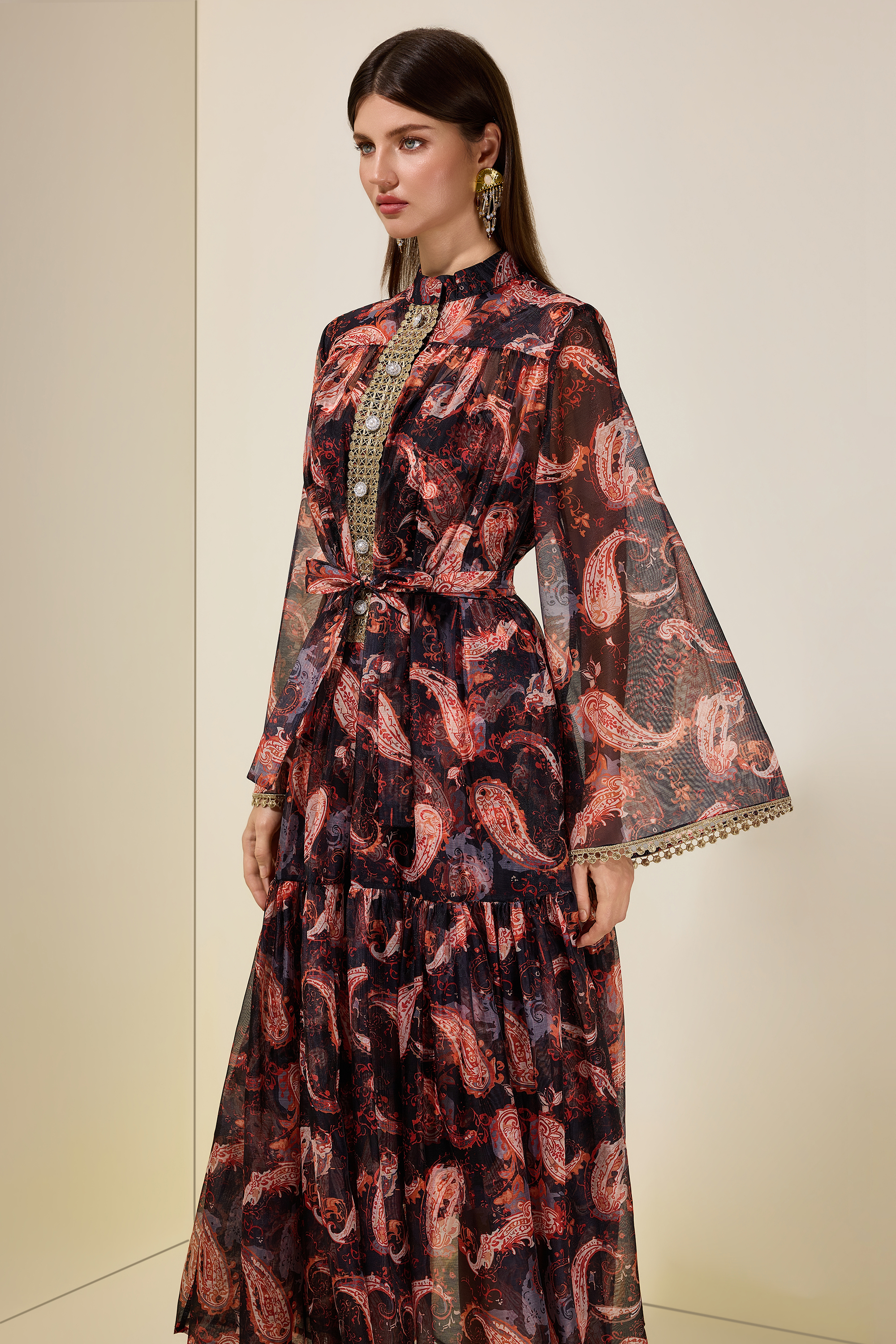 Paisley Print Stand Collar Lace Maxi Dress With Belt