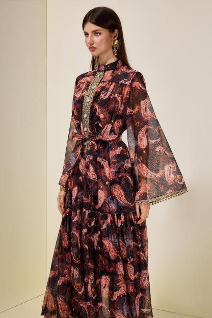Paisley Print Stand Collar Lace Maxi Dress With Belt