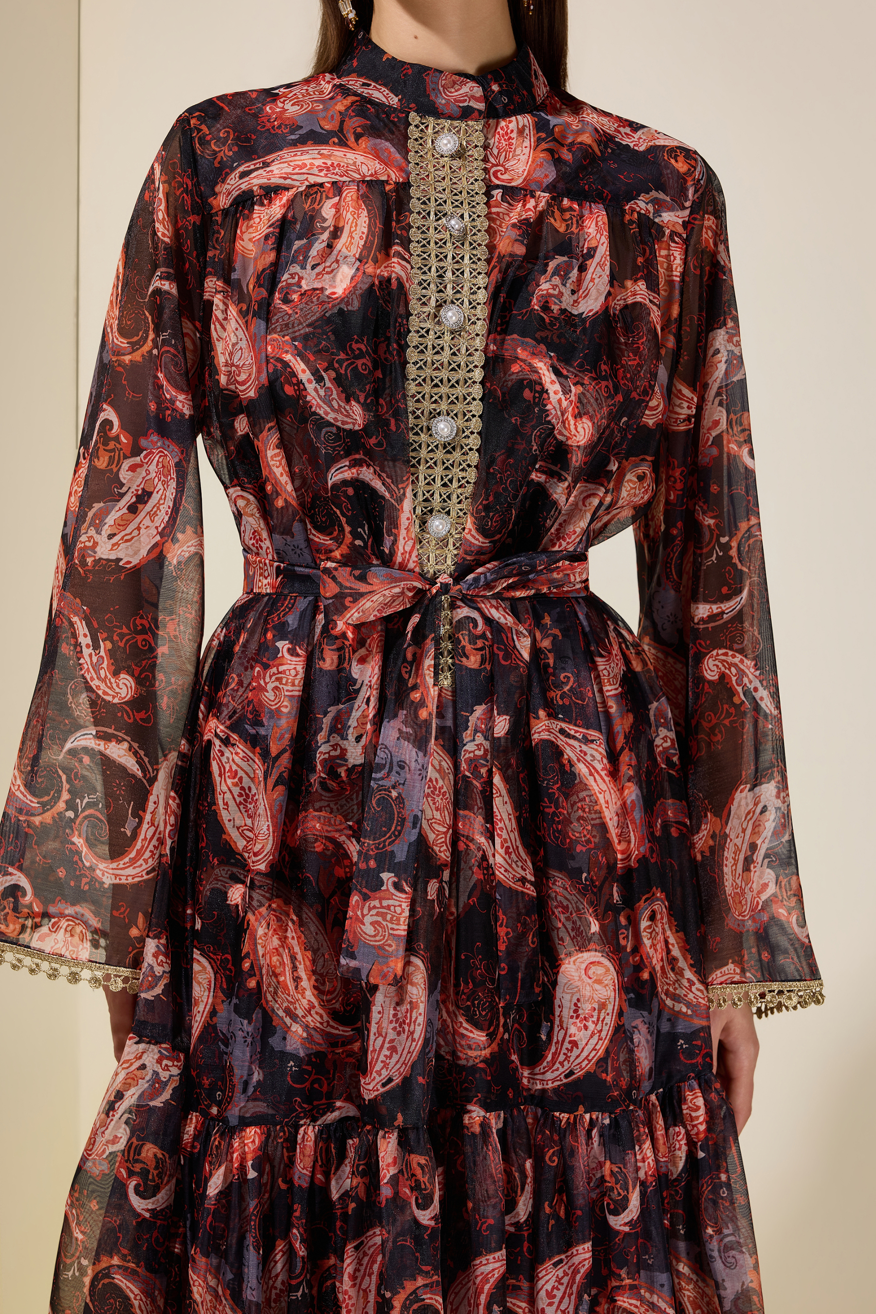 Paisley Print Stand Collar Lace Maxi Dress With Belt