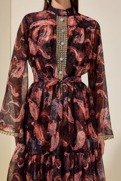 Paisley Print Stand Collar Lace Maxi Dress With Belt