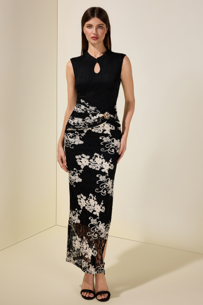 Lace Embroidered Stand Collar Maxi Dress
