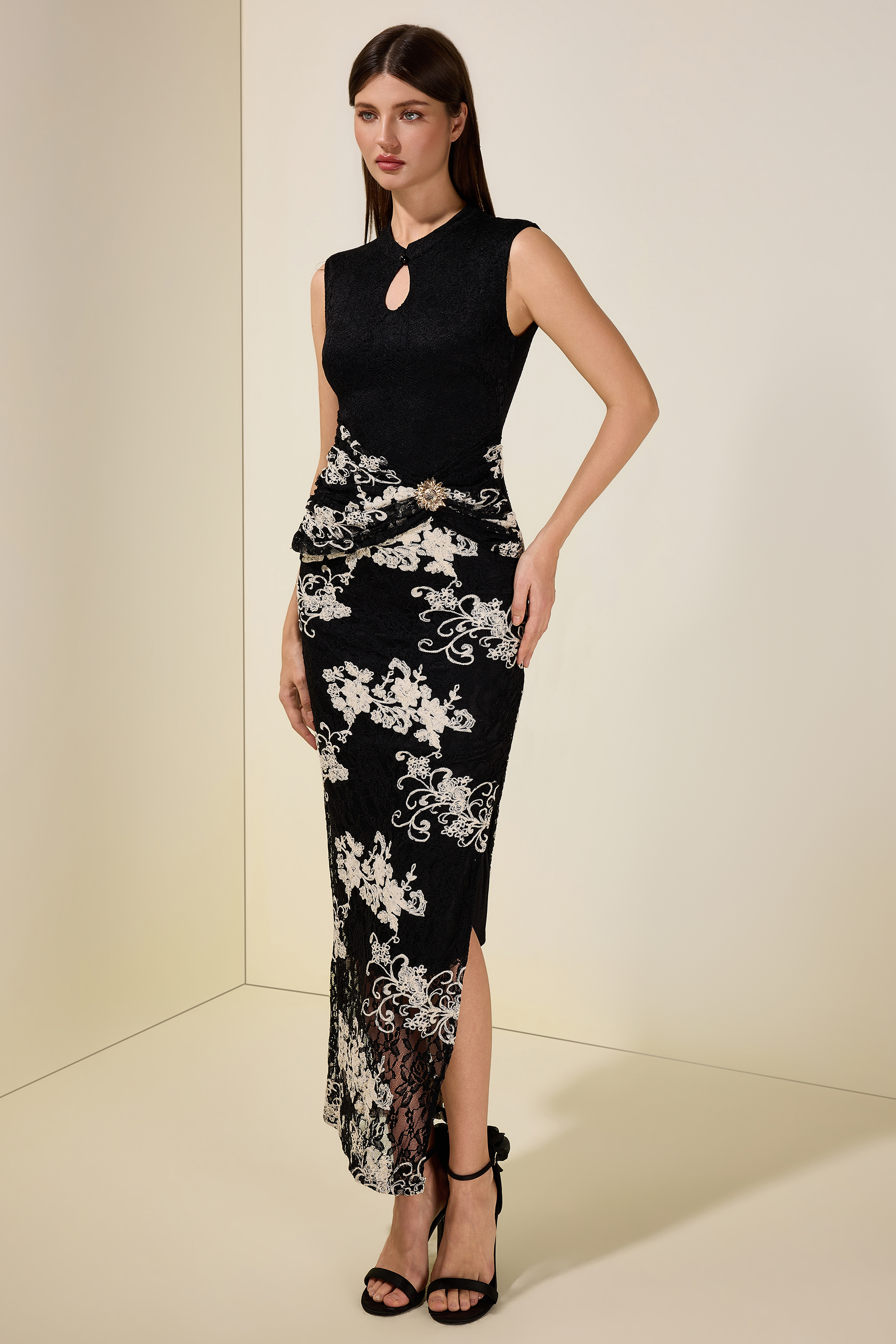 Lace Embroidered Stand Collar Maxi Dress