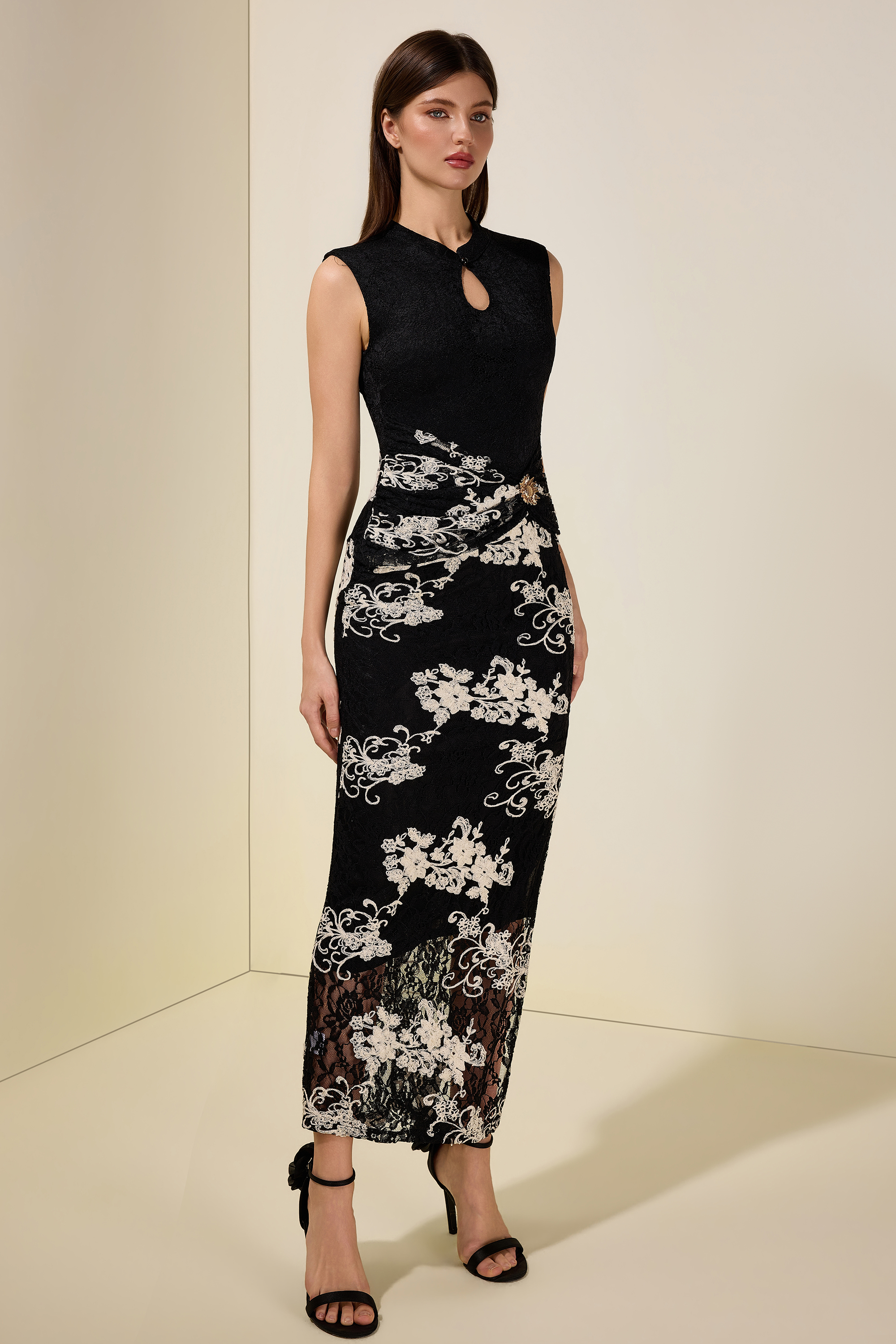 Lace Embroidered Stand Collar Maxi Dress