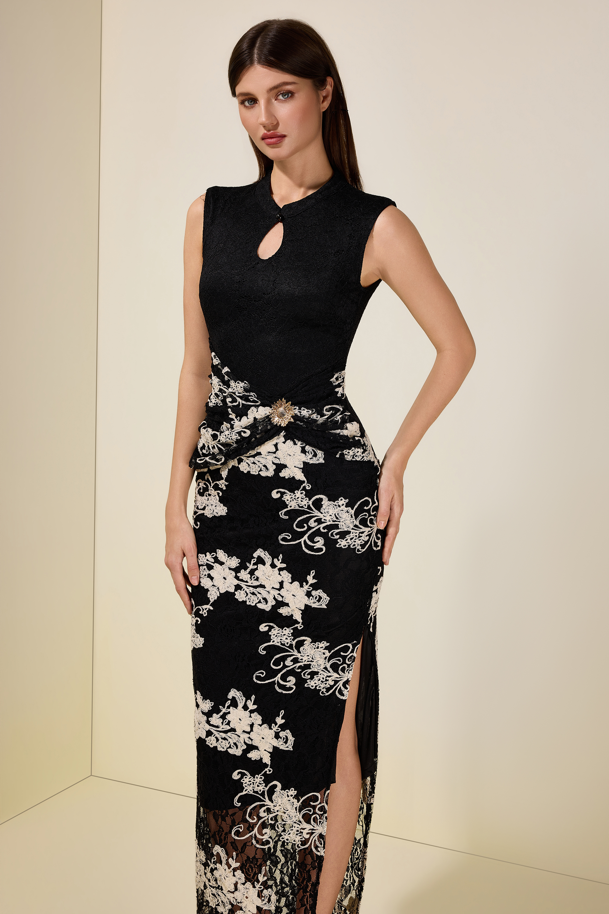 Lace Embroidered Stand Collar Maxi Dress