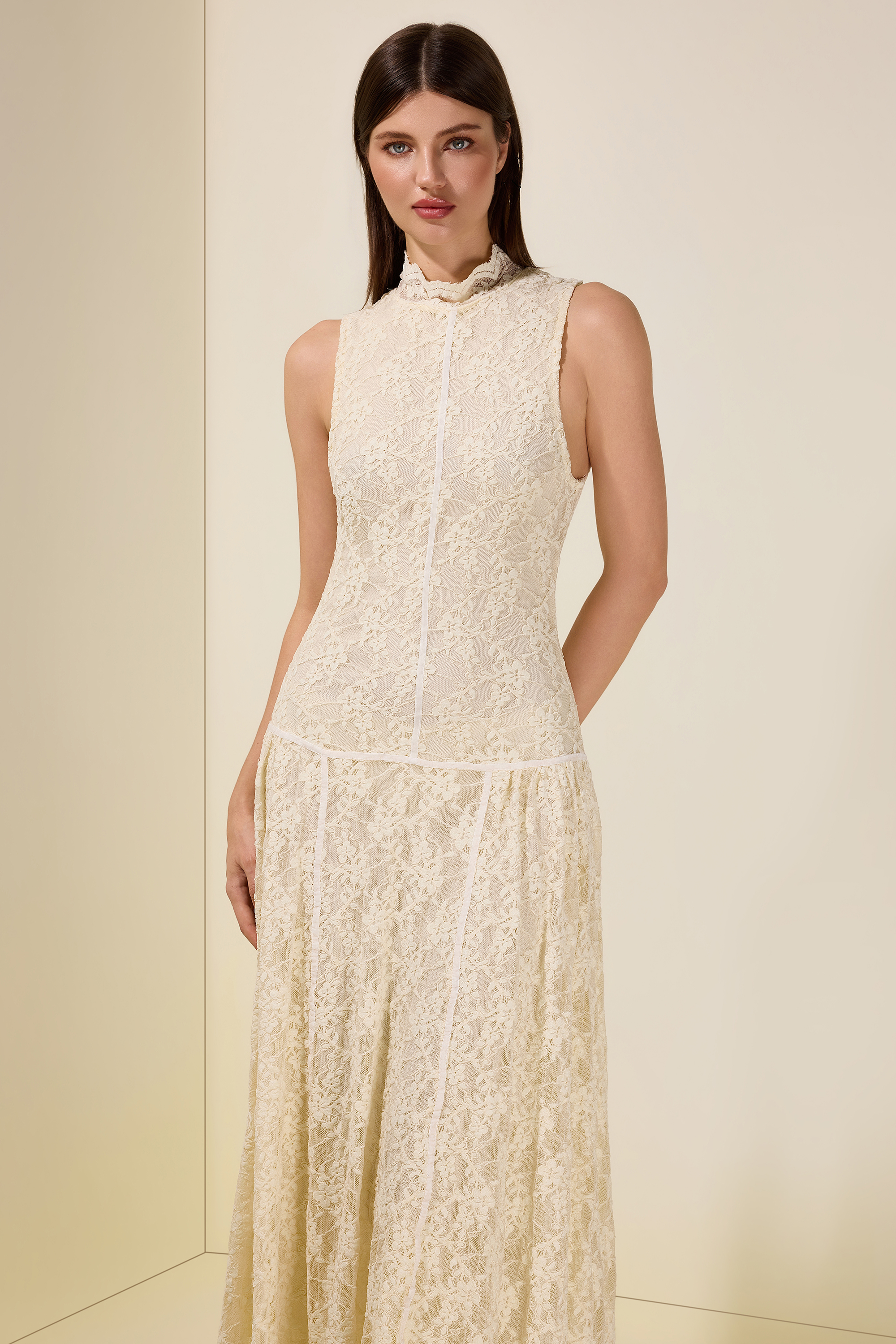 Lace Sleeveless Stand Collar Maxi Dress