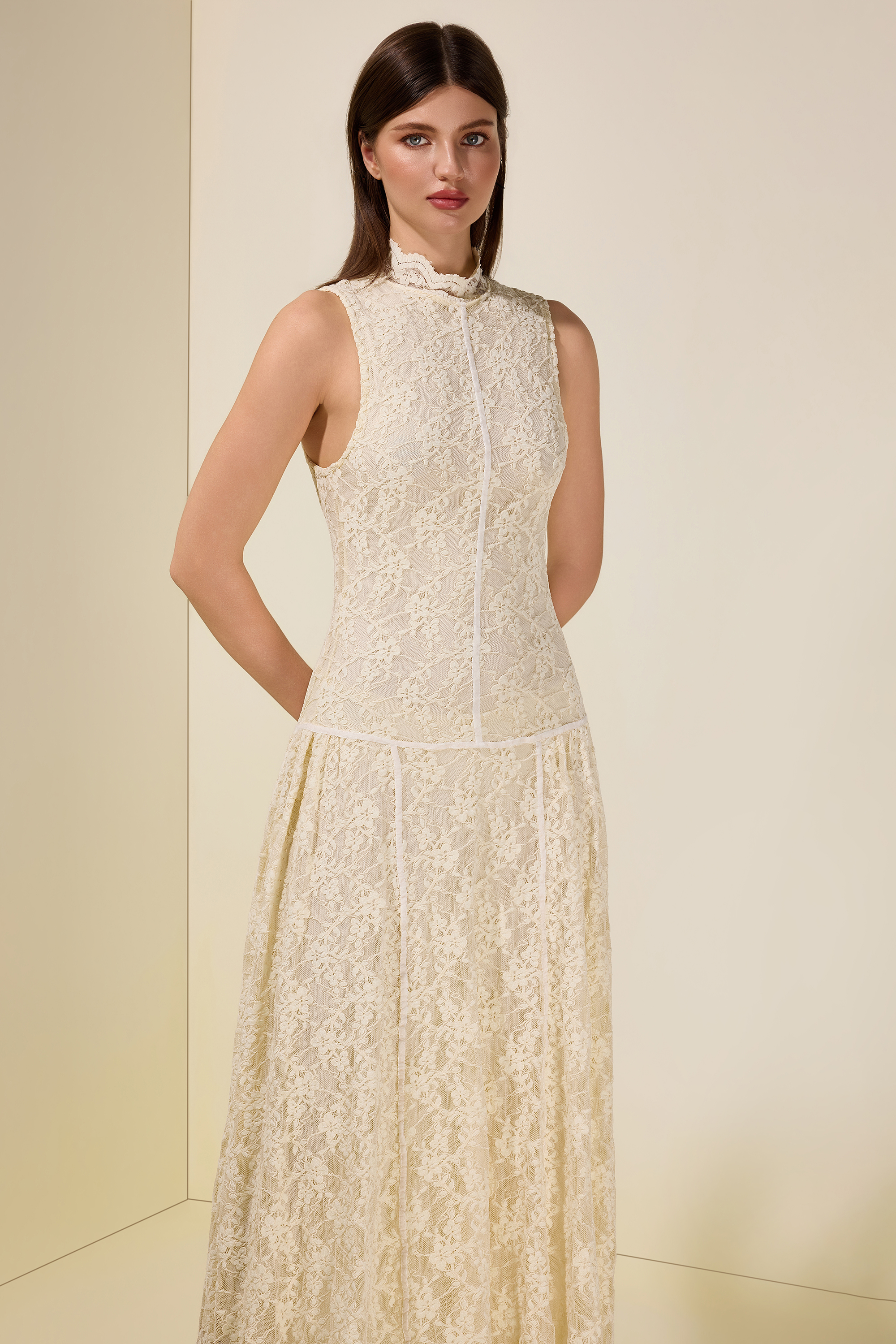 Lace Sleeveless Stand Collar Maxi Dress