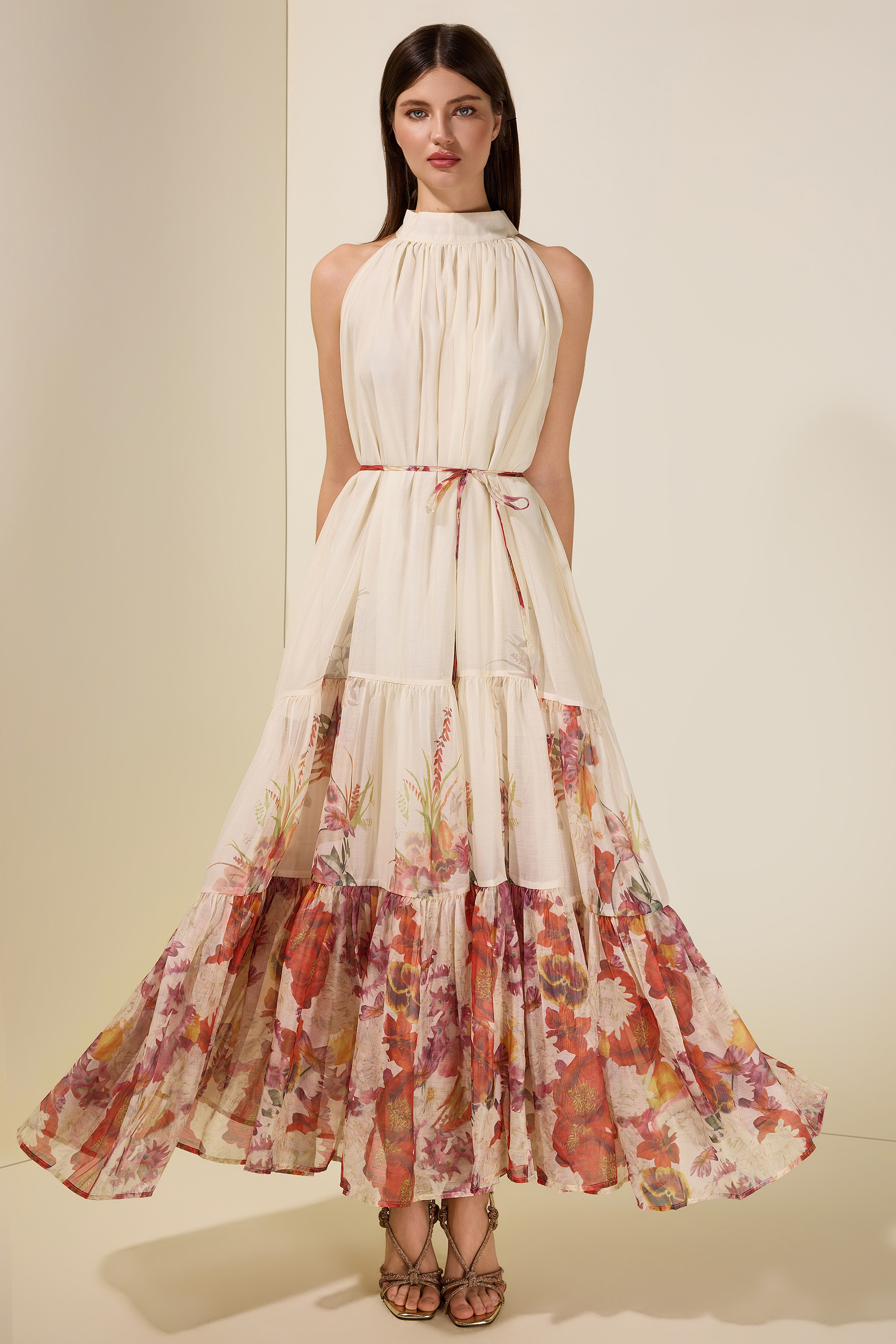 green emerald velvet dress Floral Printed Chiffon Sleeveless Tie Neck Maxi Dress – Lela Rose