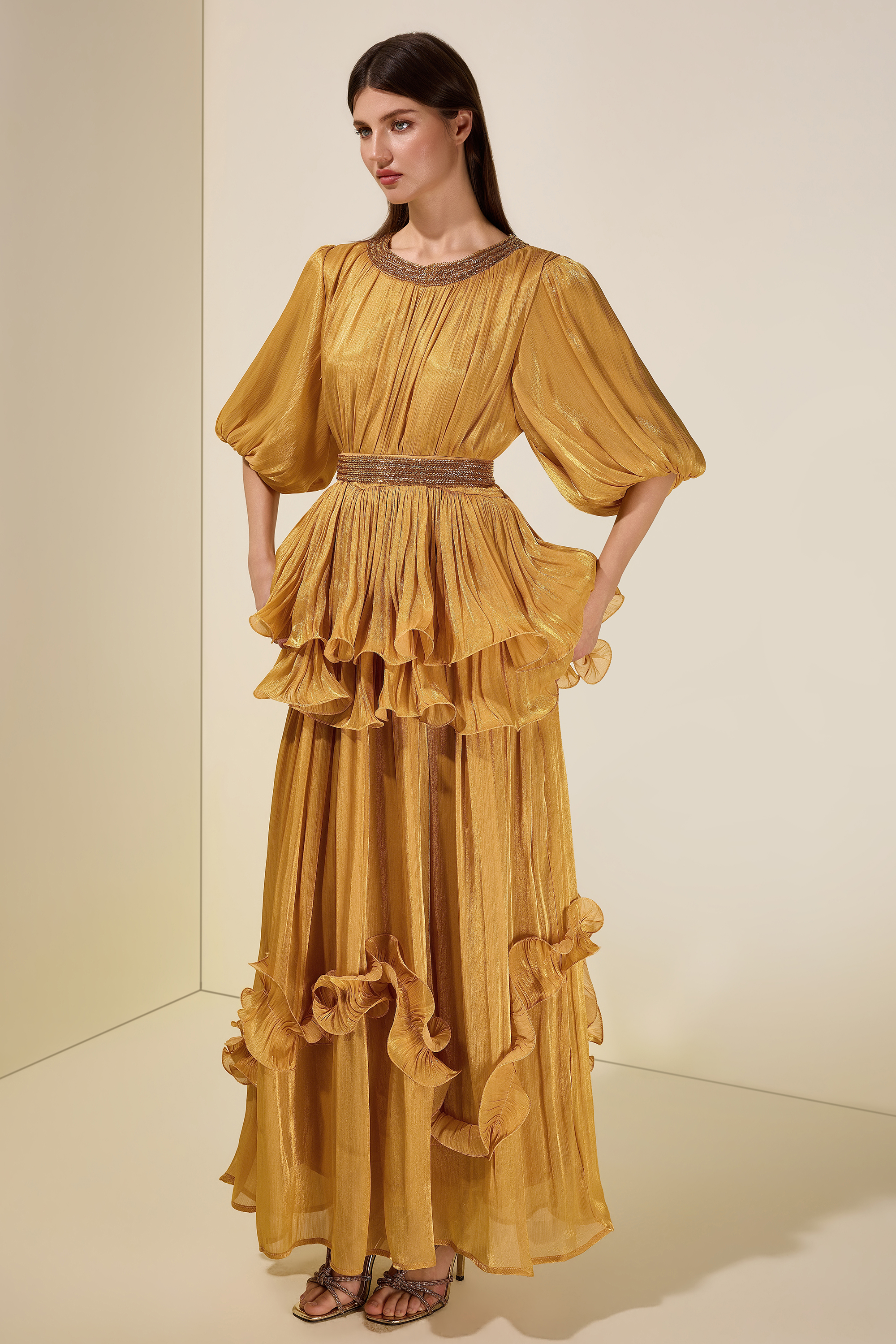 Satin Sequin Puff Sleeve Ruffle Maxi Dress With Belt