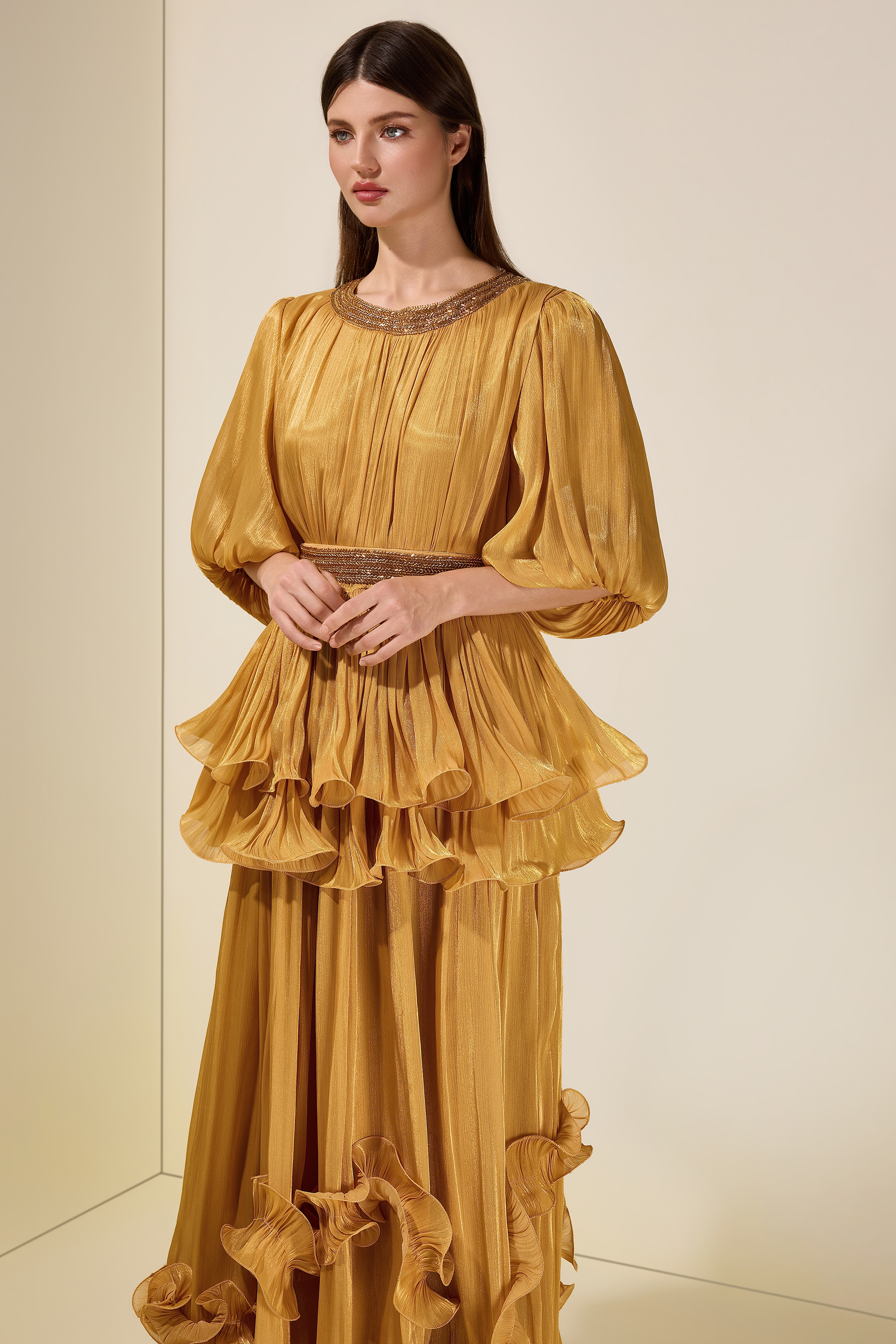 Satin Sequin Puff Sleeve Ruffle Maxi Dress With Belt